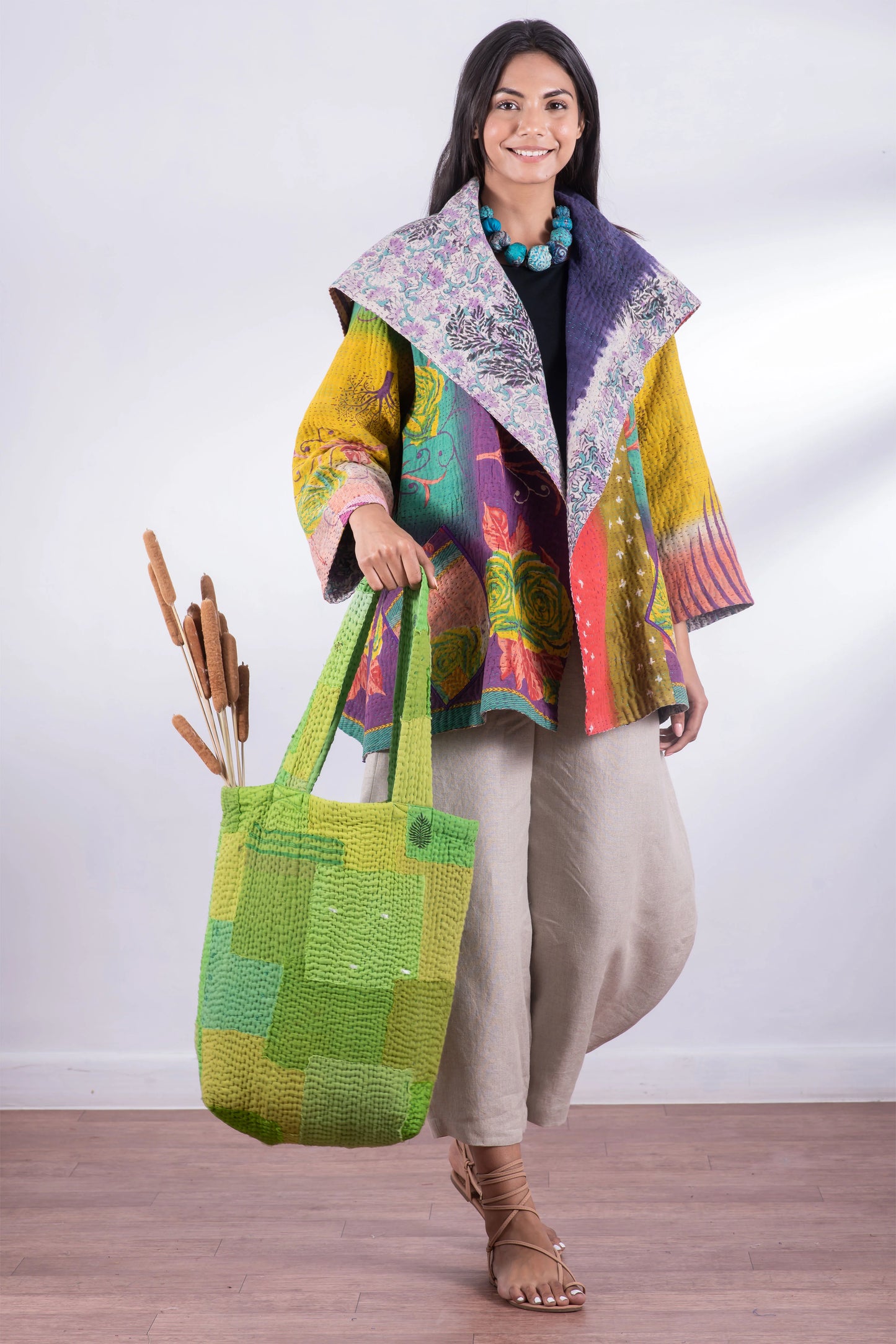 Mosaic Fray Handmade Vintage Kantha Tote Bag -Lime Green