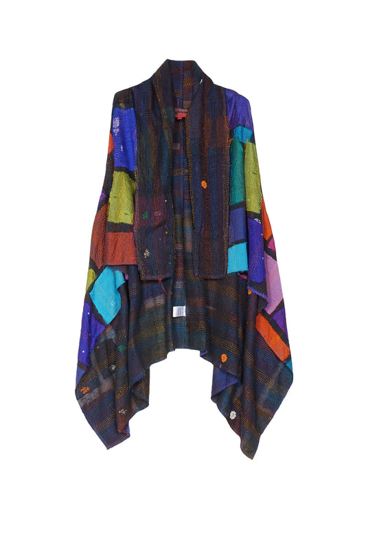 COLOR BLOCK PATCH KANTHA SHAWL VEST - cb2219-mlt -