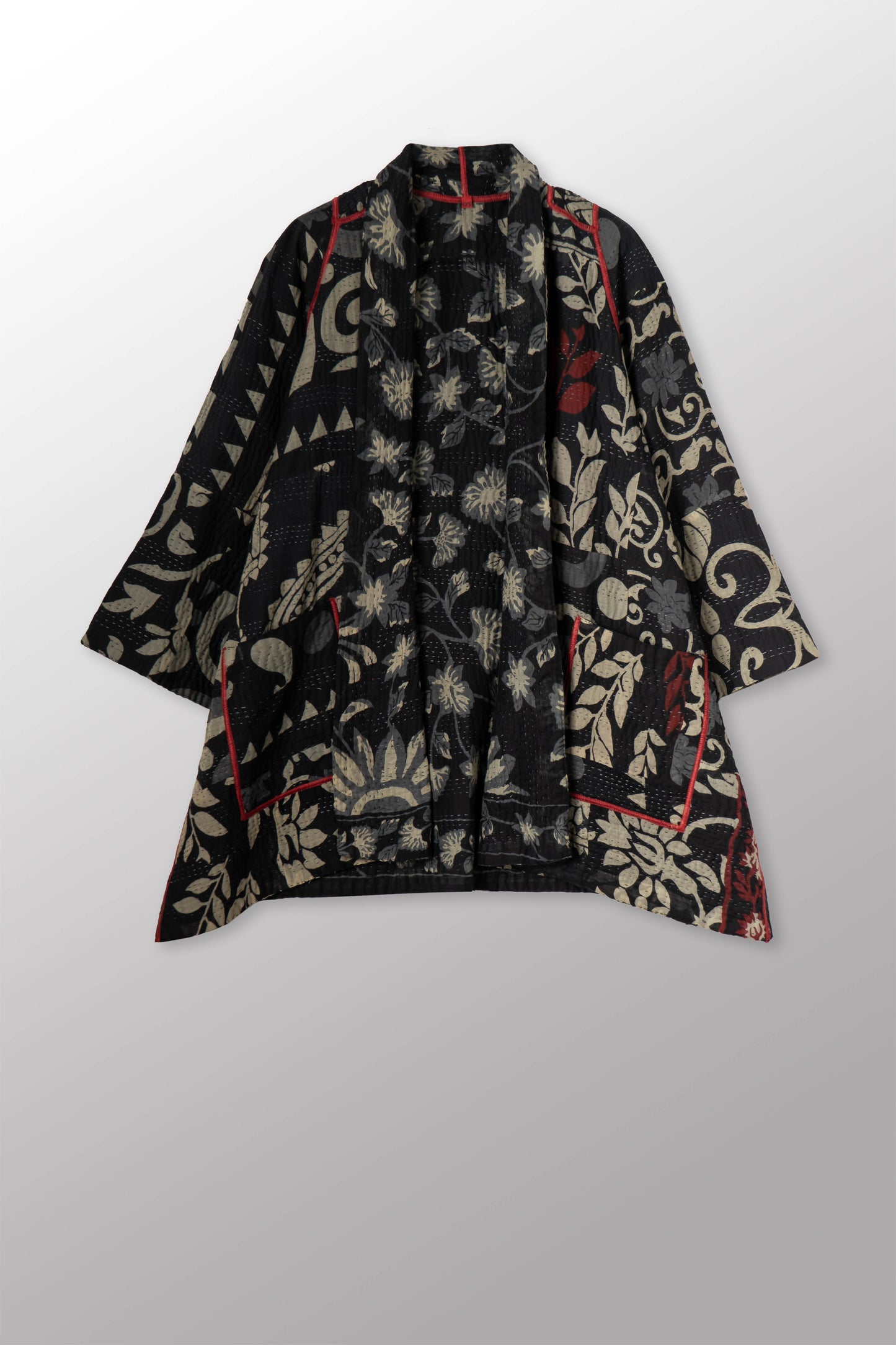 BLACK AND WHITE PRINT PATCH KANTHA A-LINE JACKET - pn4003-red -