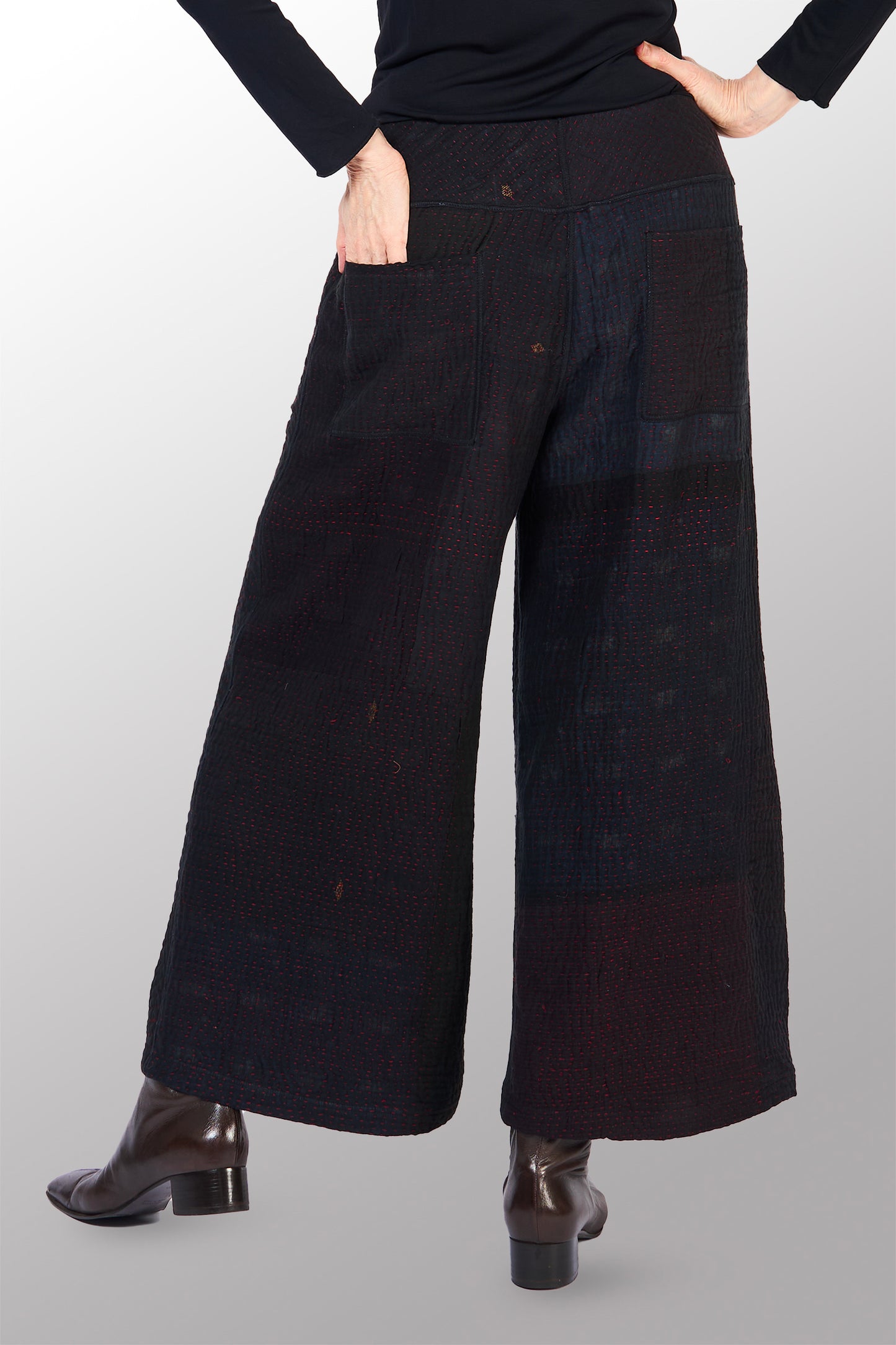 MUJI PATCH KANTHA MID RISE WIDE LEG PANTS - mp4665-blk -