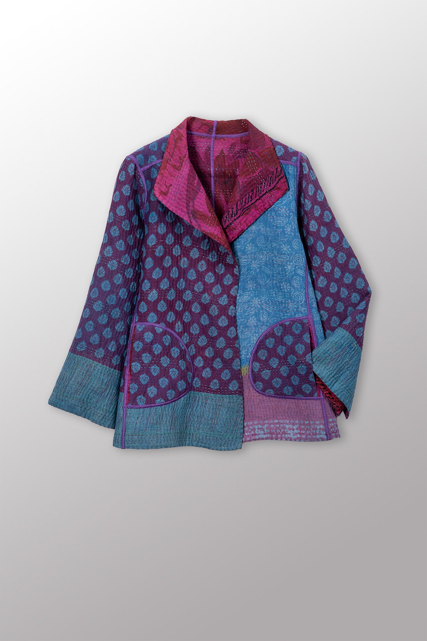 VINTAGE SILK GEORGETTE COTTON KANTHA SHORT JACKET - gc4007-0003m -
