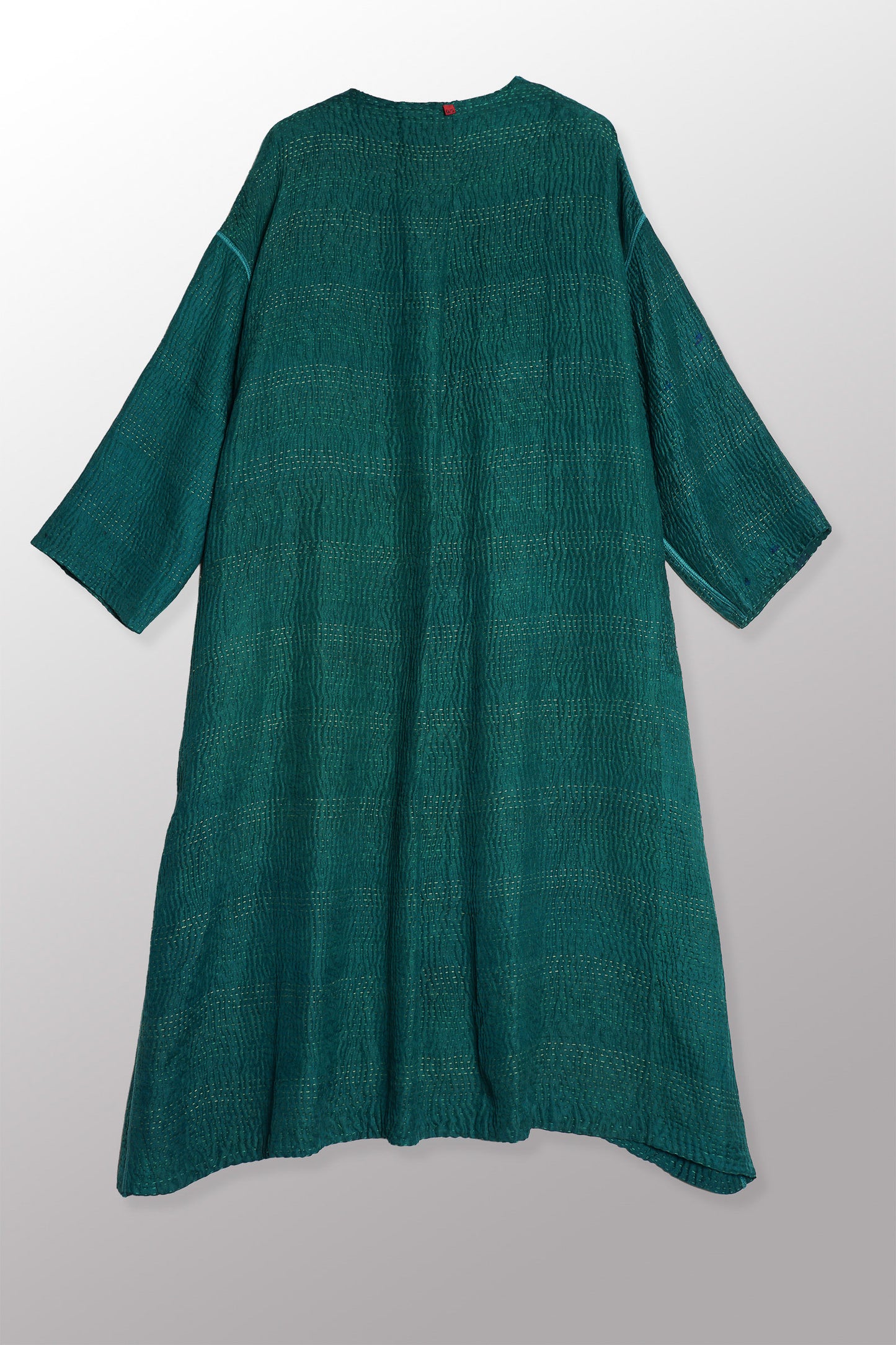 GEORGETTE JACQUARD VINTAGE SILK PATCH KANTHA LONG DUSTER - gj4328-grn -