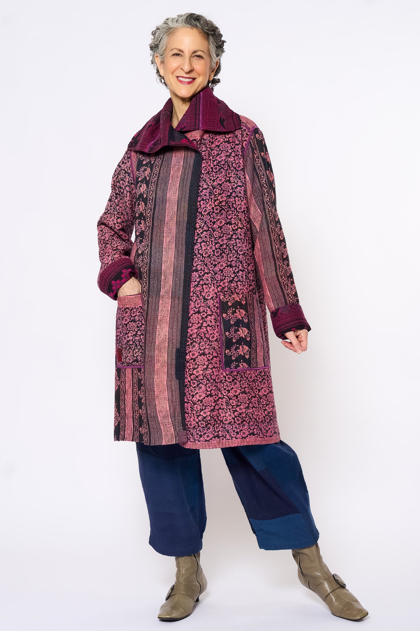 VINTAGE COTTON KANTHA POCKET MEDIUM COAT - cv4316-0047m -