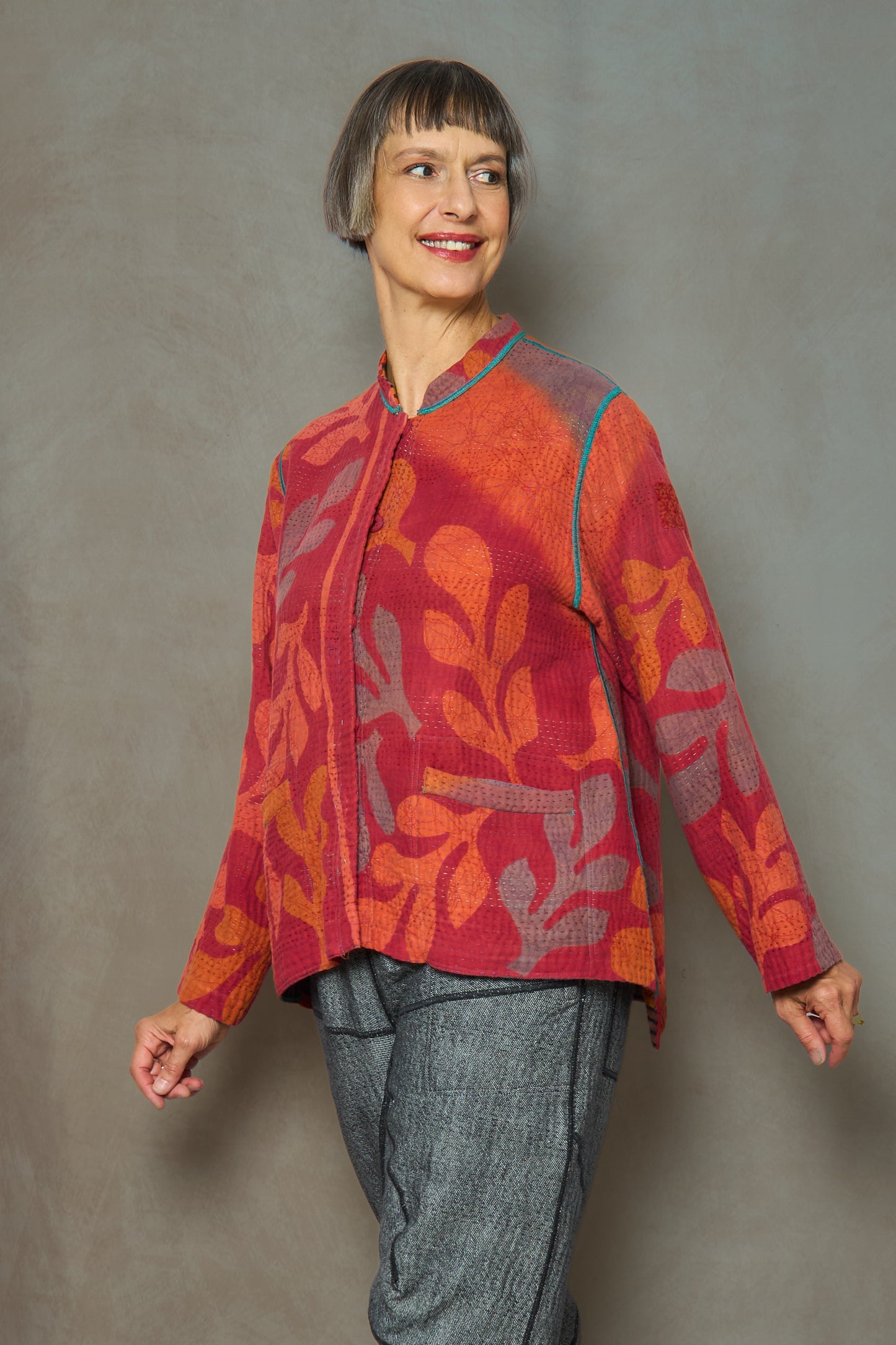 VINTAGE COTTON KANTHA KAFTAN JACKET SHORT - cv4088-0005s -