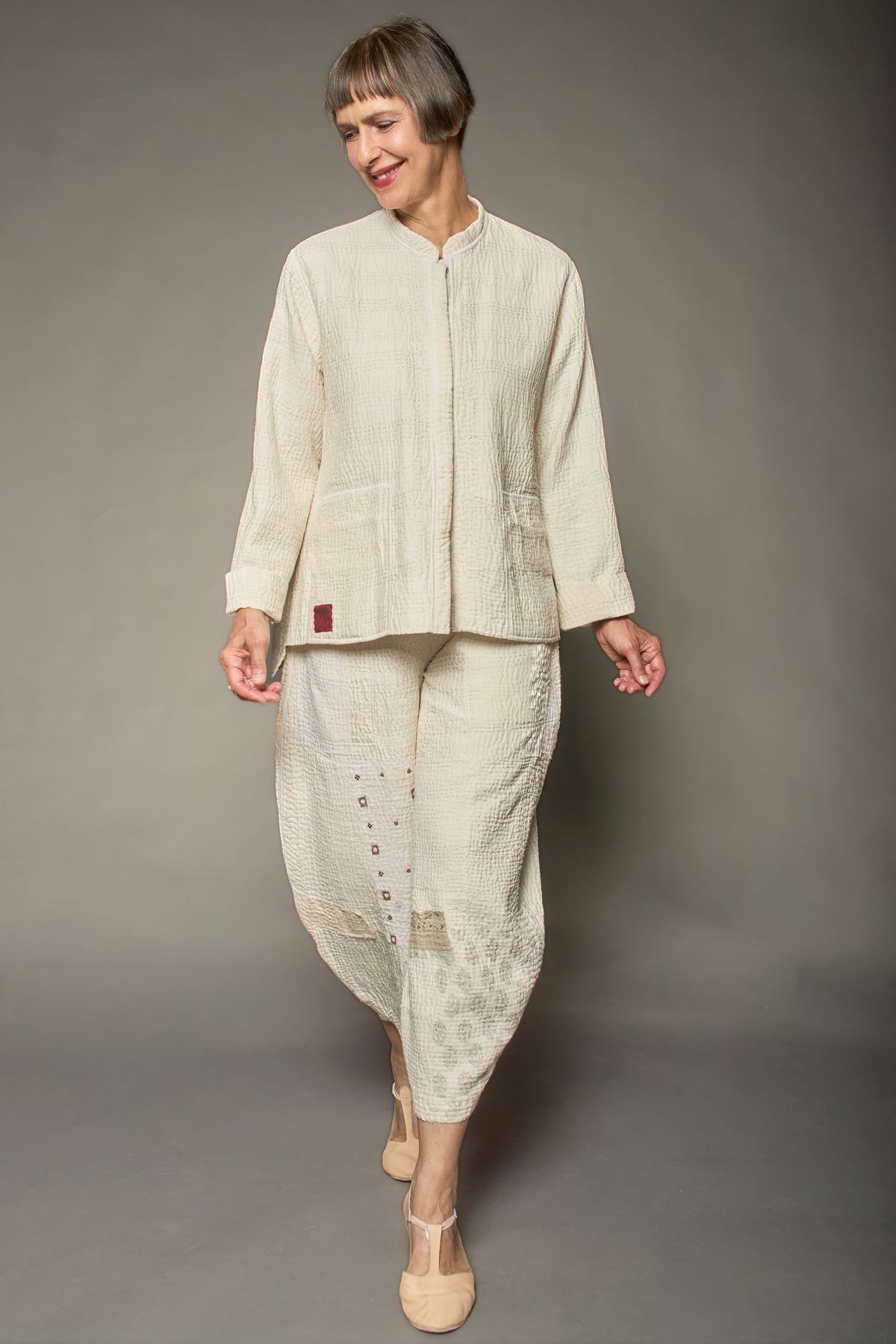 FRAYED PATCH KANTHA KAFTAN JACKET SHORT - fi4088-ivy -