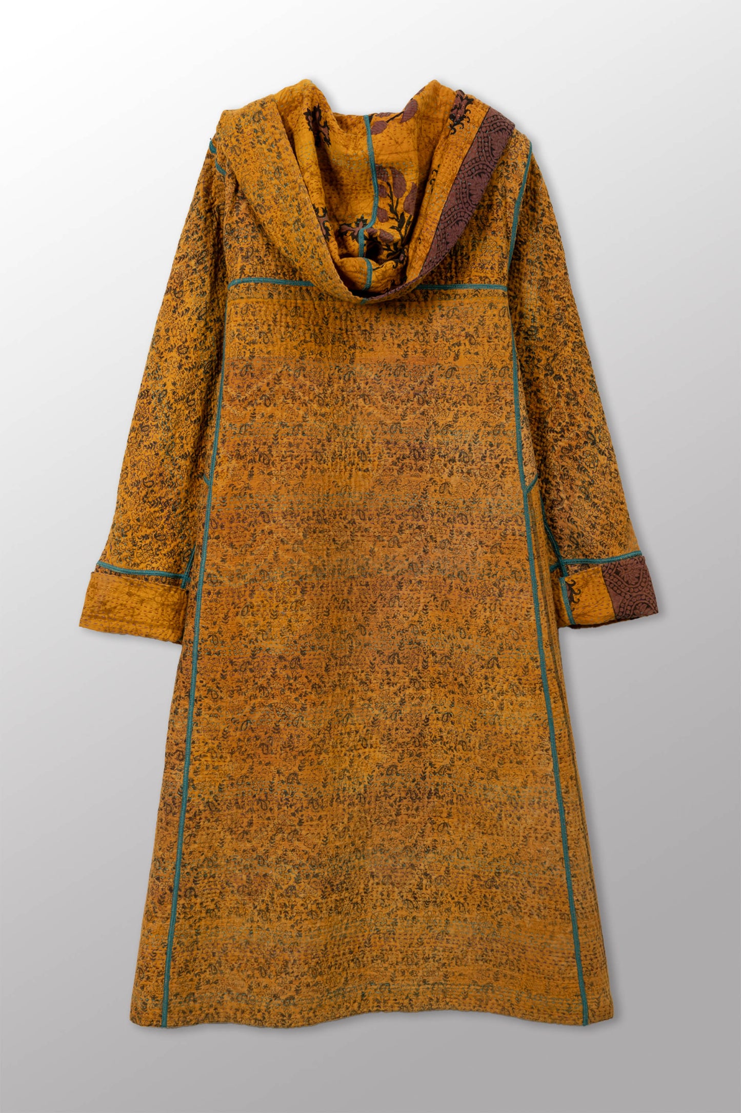 COTTON OVERDYE KANTHA HOODED A-LINE LONG COAT - ov4306-cylw001a -