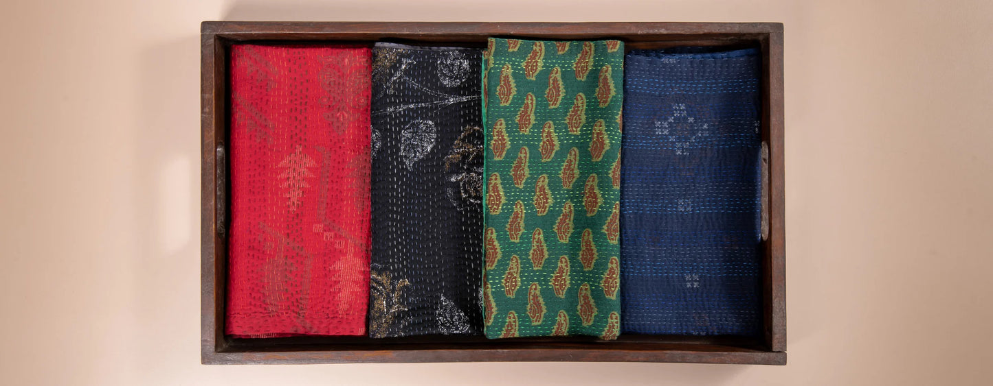 Landscape Fray Patch vintage Kantha Napkin - Navy (Set of 2)