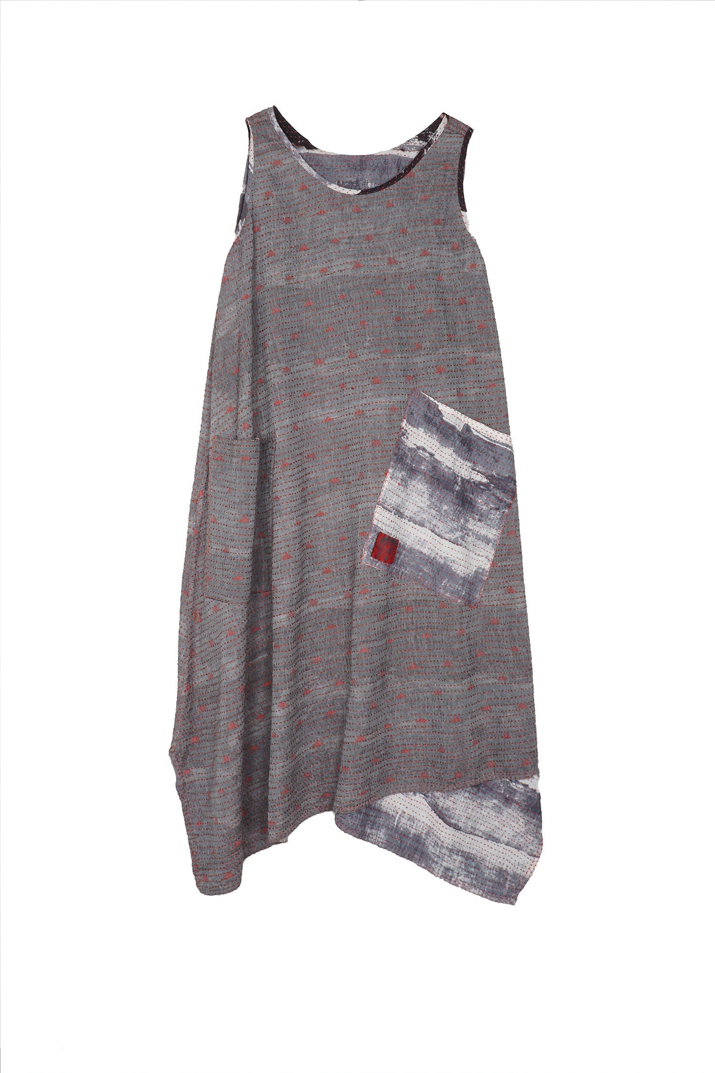 PLANK PRINT KANTHA POINTY HEM DRESS - lb2415-gry -