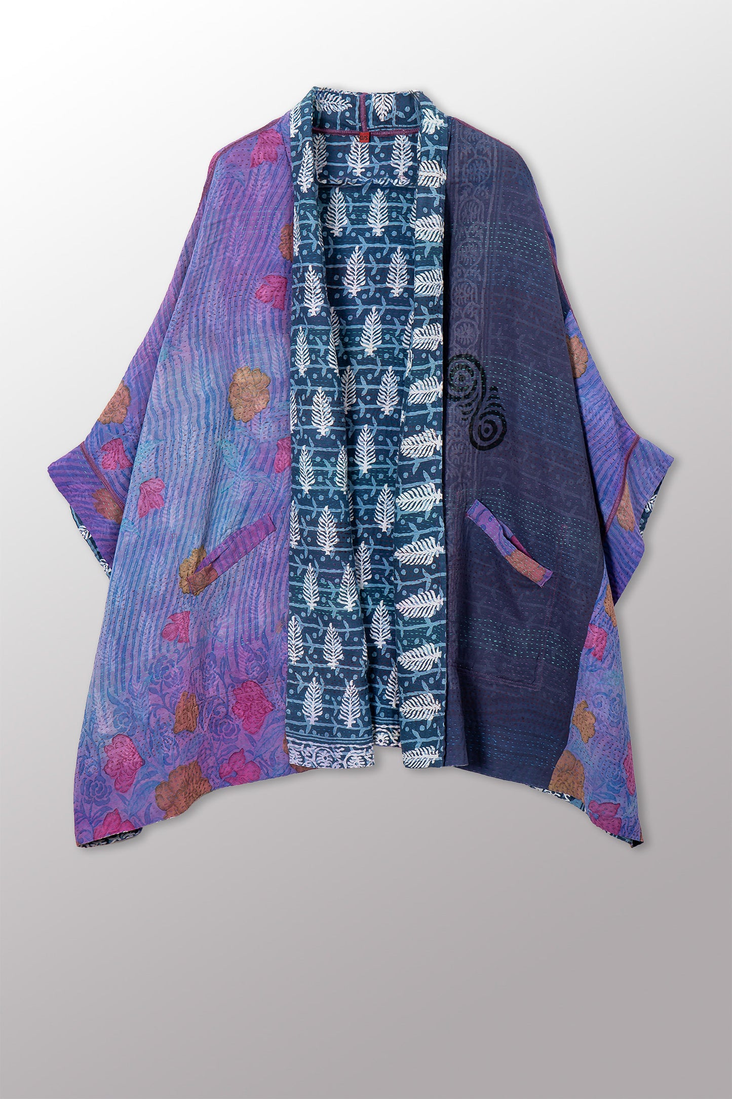 VINTAGE SILK GEORGETTE COTTON KANTHA DOUBLE COLLAR PONCHO - gc2323-0004a -