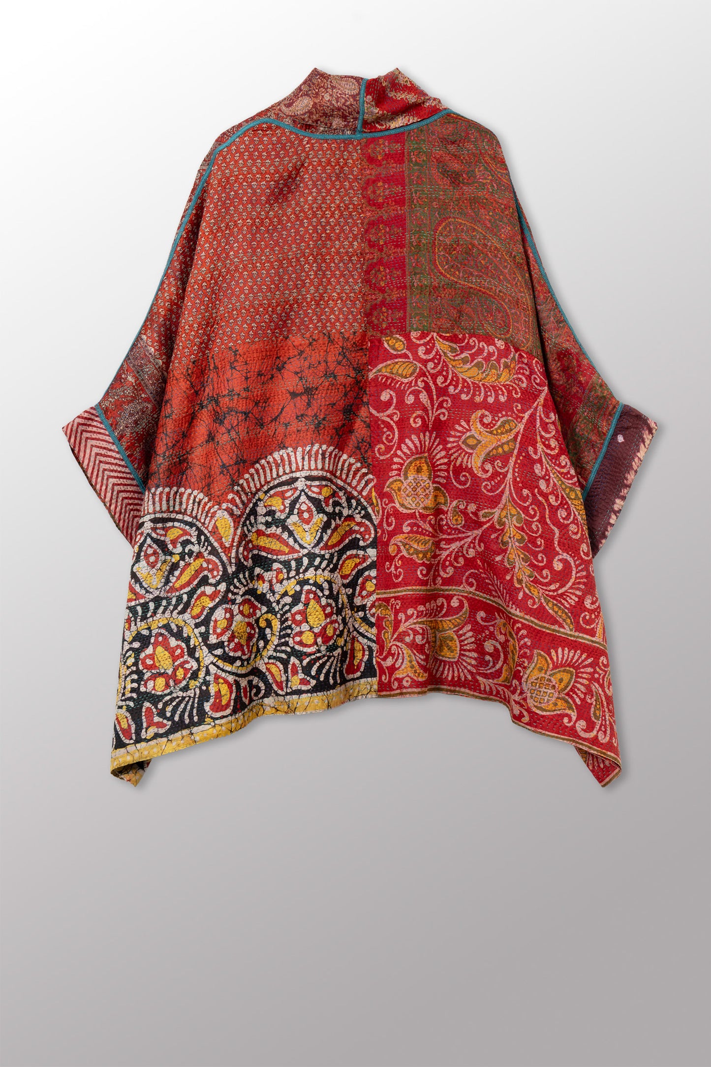 VINTAGE SILK KANTHA DOUBLE COLLAR PONCHO - sv2323-0024a -