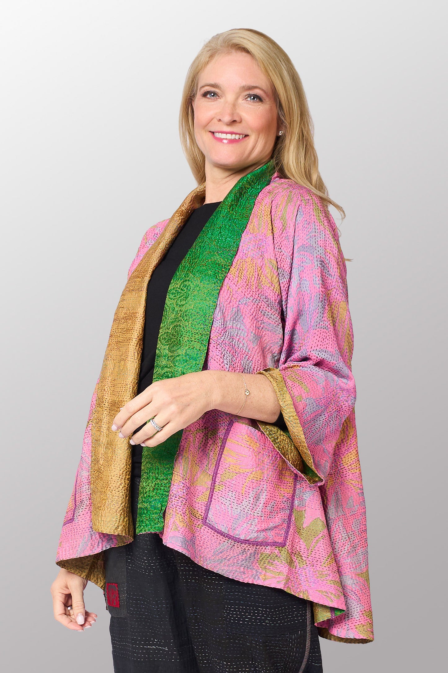 GEORGETTE JACQUARD VINTAGE SILK PATCH KANTHA KIMONO JACKET - gj2004-0002a -