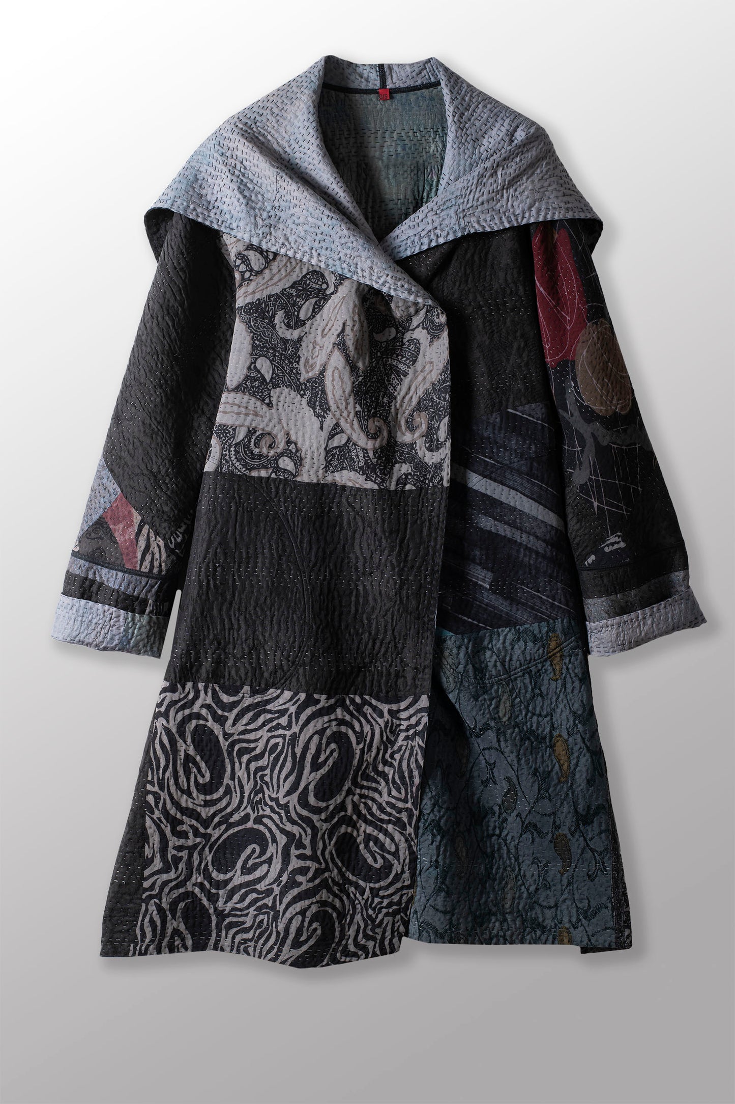 GEORGETTE JACQUARD VINTAGE SILK PATCH KANTHA A-LINE COAT - gj4309-blk -