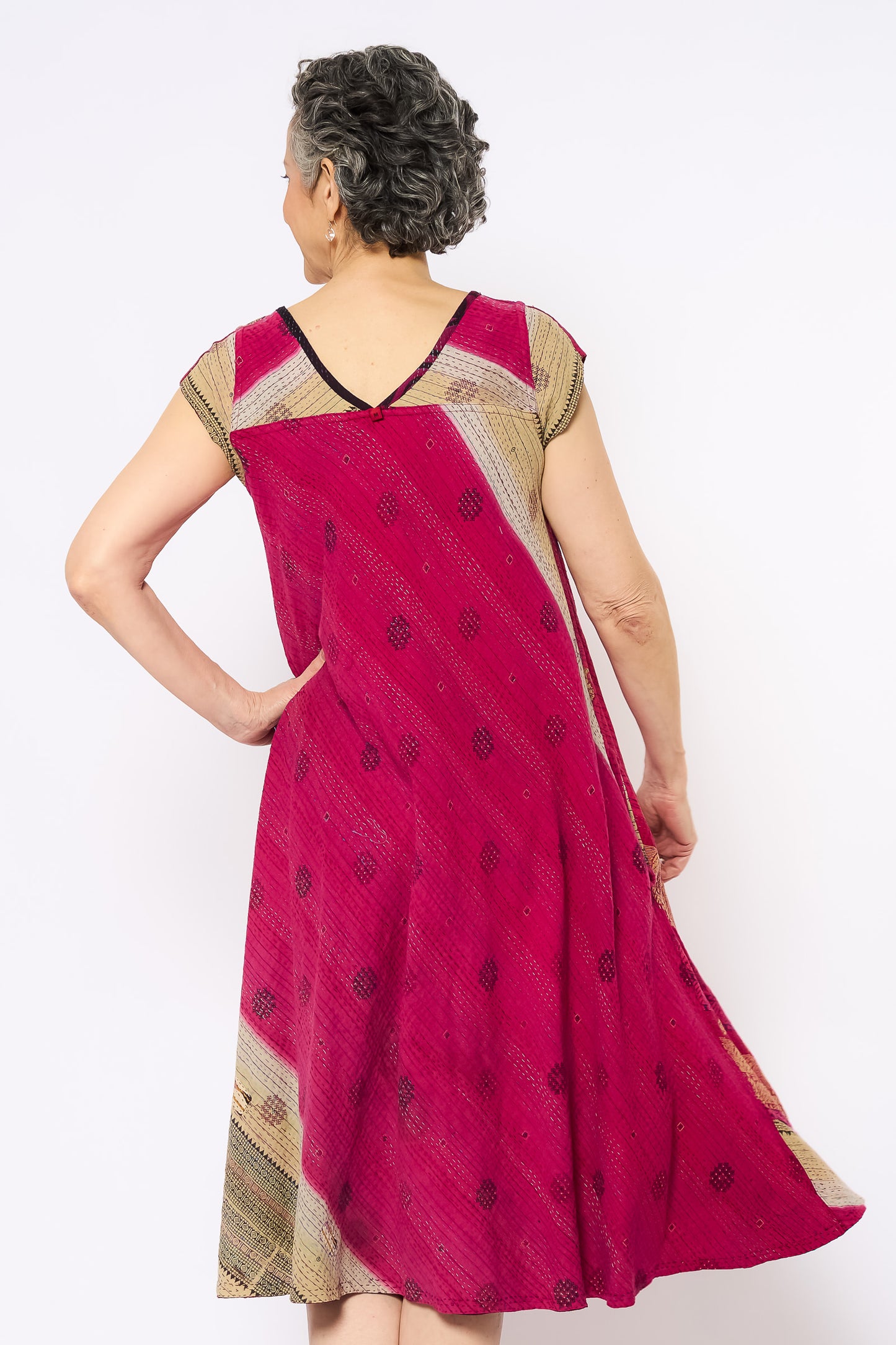 COTTON OVERDYE KANTHA CAP SLV. FLARE DRESS - ov2425-cred001m -