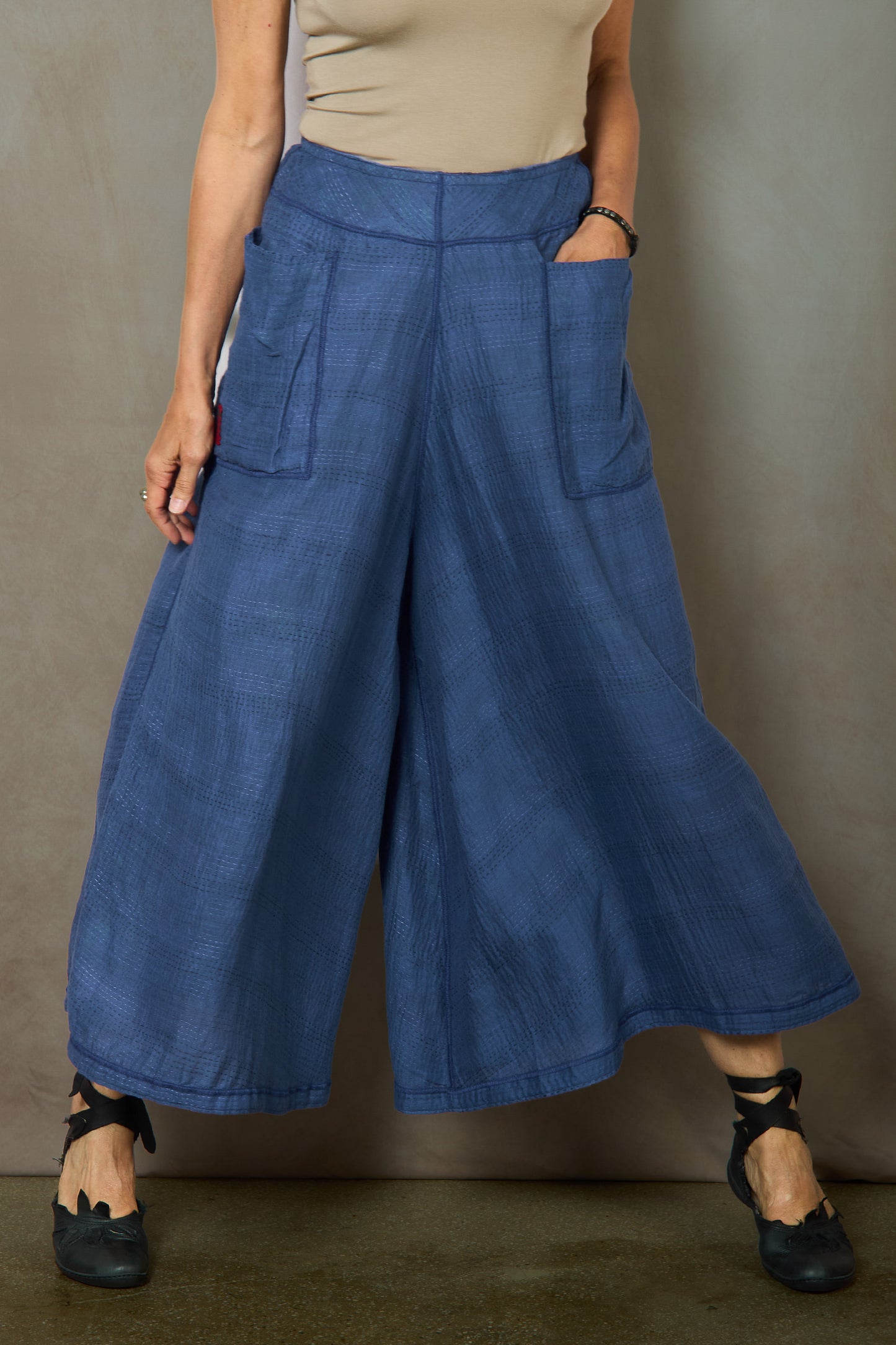 CLOUD TIE DYE FLORAL KANTHA WIDE LEG PANTS - uf2623-blu -