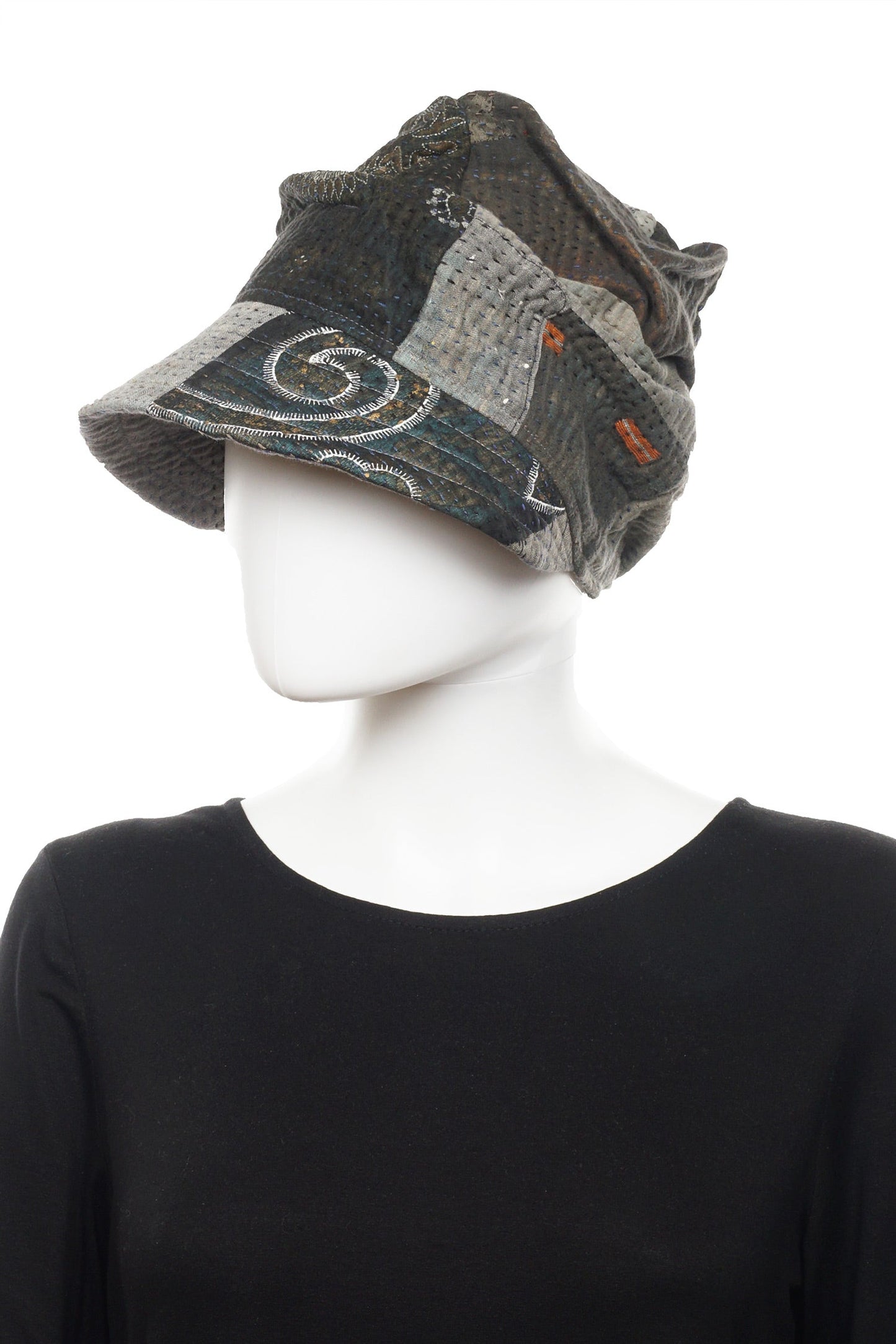 FRAYED PATCH KANTHA HALF BRIM HAT - fi4881-gry -