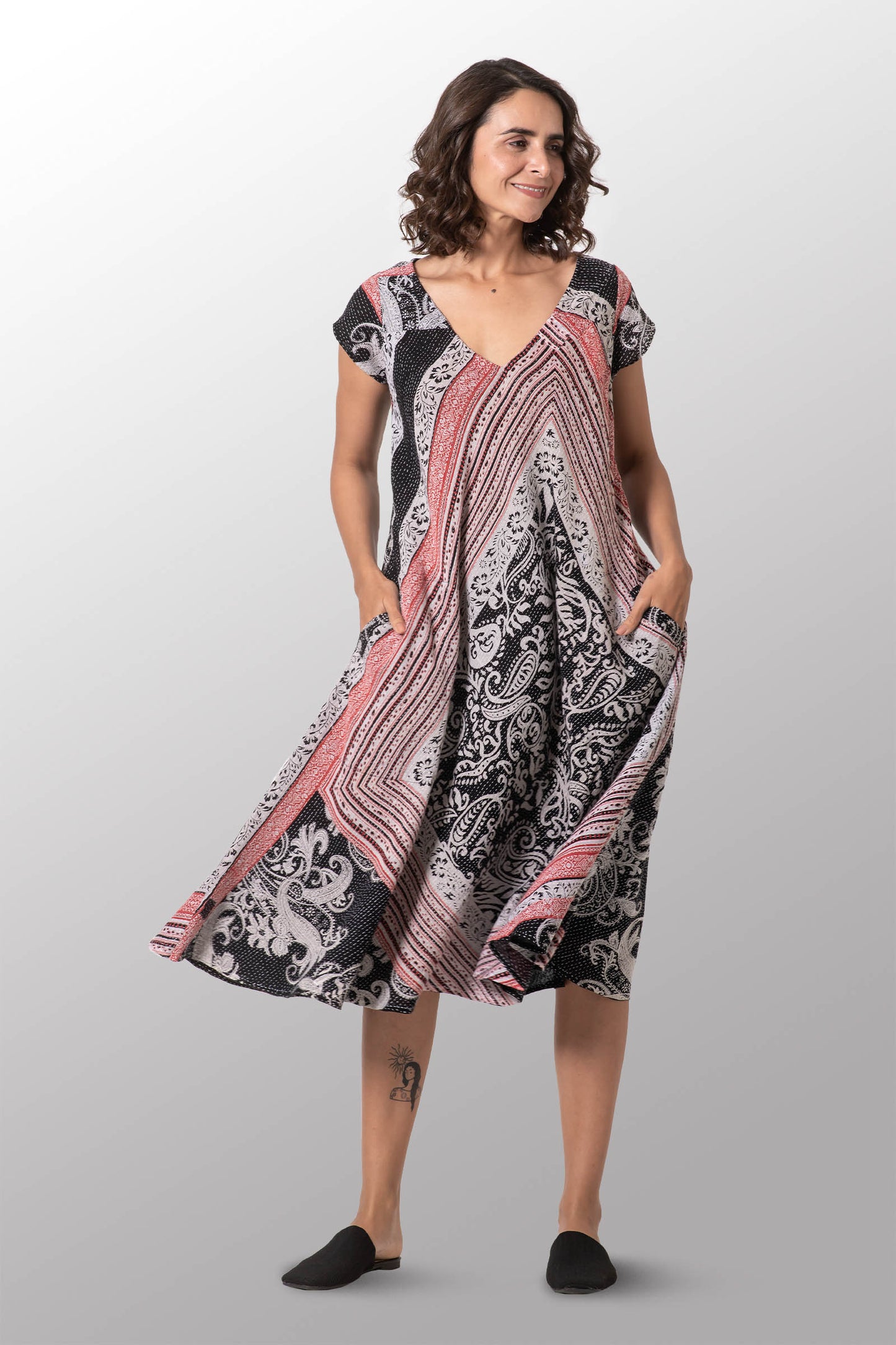 COTTON PAISLEY KANTHA CAP SLV. FLARE DRESS - cp2425-blk -