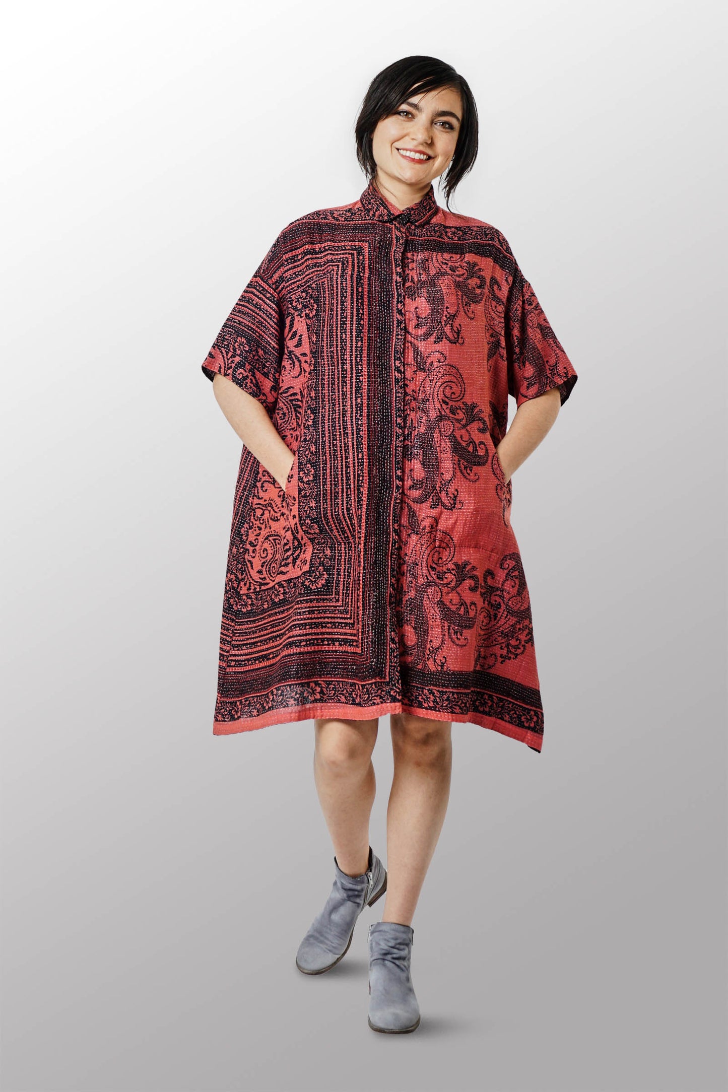 COTTON PAISLEY KANTHA HALF SLV. SHIRT DRESS - cp2429-pik -