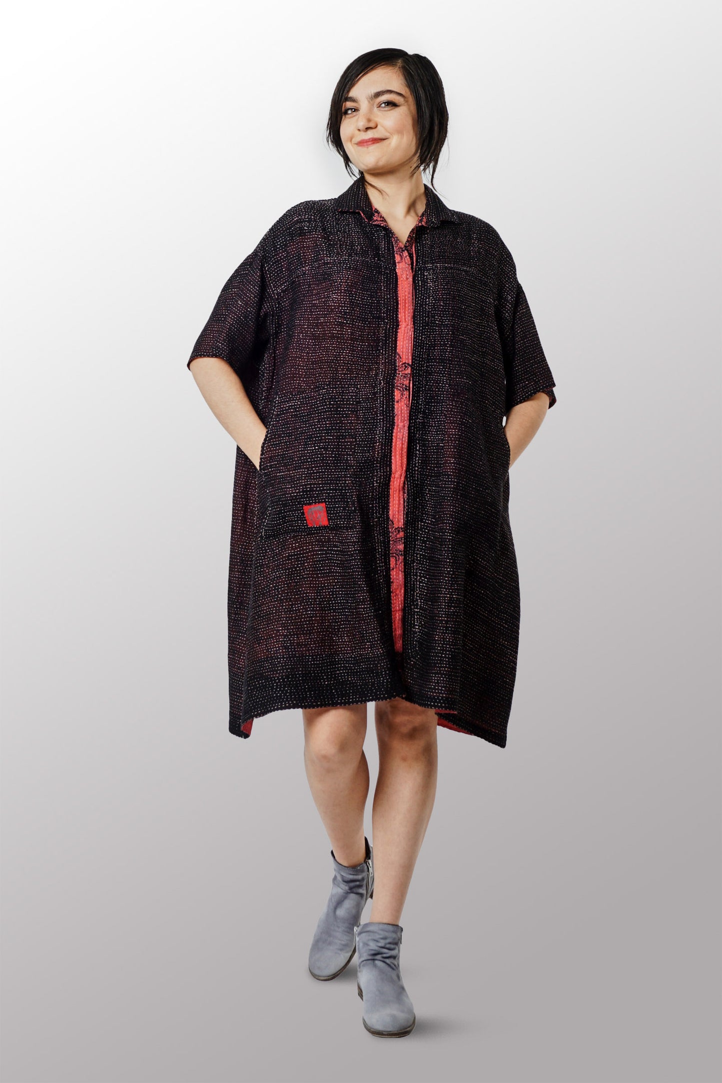 COTTON PAISLEY KANTHA HALF SLV. SHIRT DRESS - cp2429-pik -