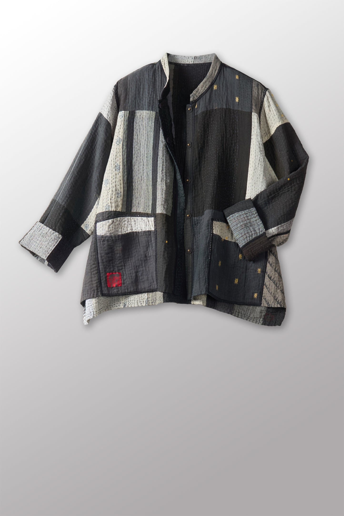 STRIPE AND CHECK COTTON SILK PATCH KANTHA KAFTAN JACKET SHORT - ss4088-blk -