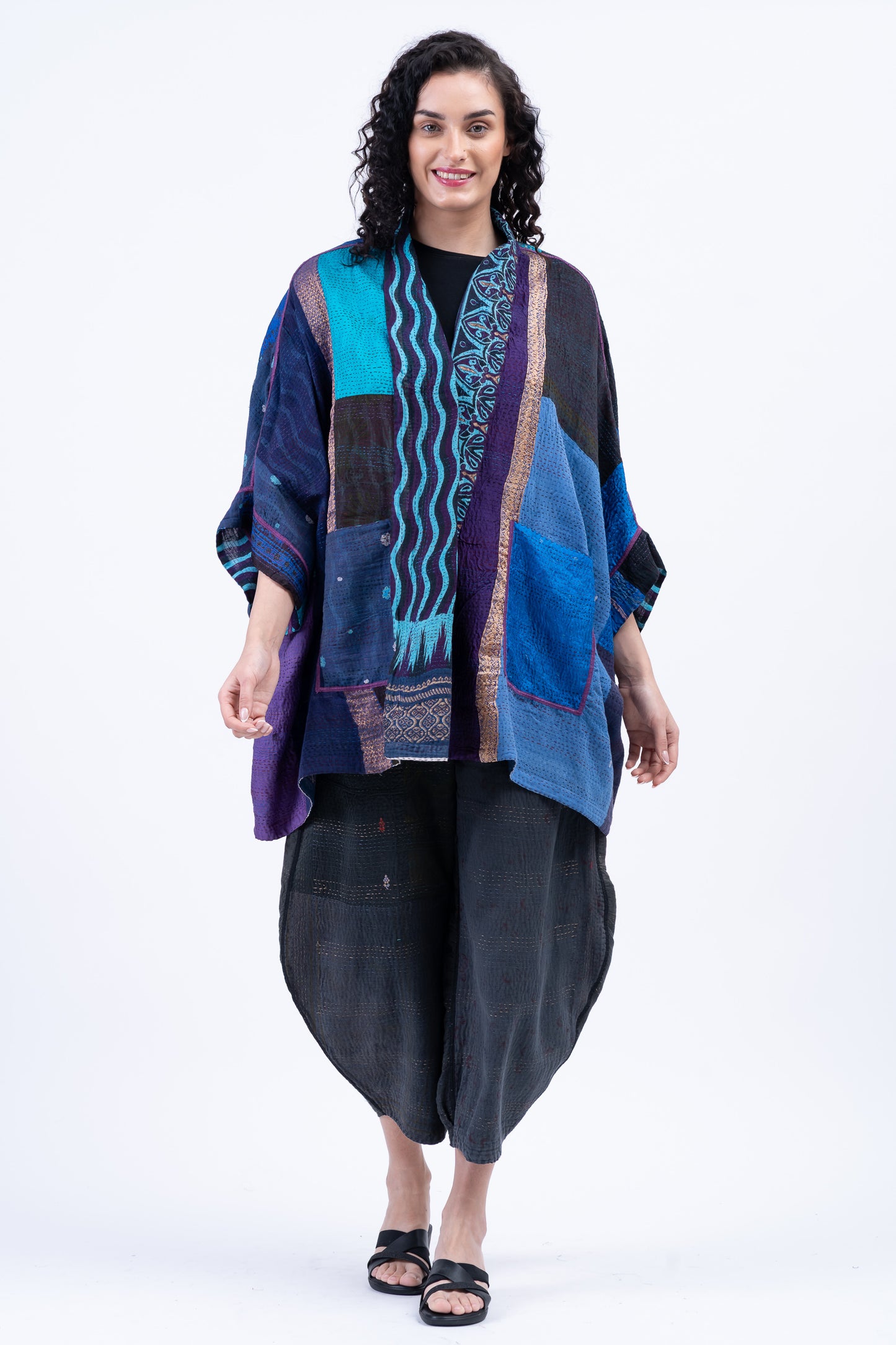 DESERT WAVES KANTHA DOUBLE COLLAR PONCHO - dw2323-blu -
