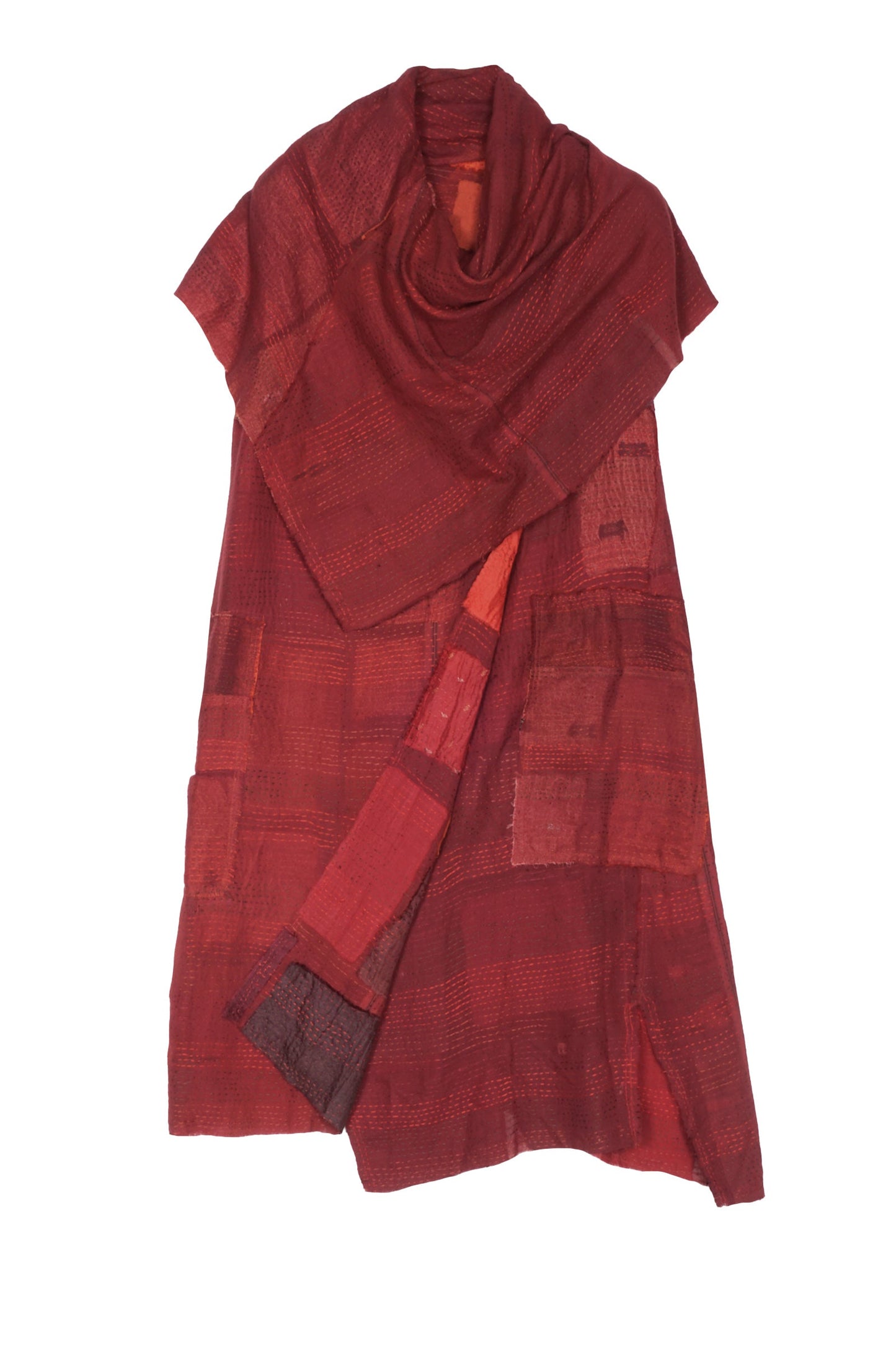 TONAL TILE PATCH KANTHA COWL NECK DRESS - tt2416-red -