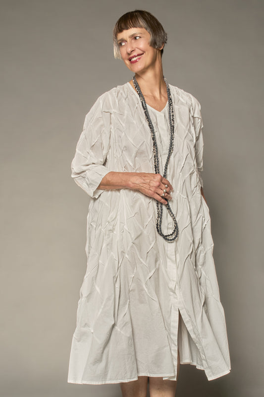 POLISHED COTTON WAVY TUCK A-LINE DRESS - wl1453-wht -