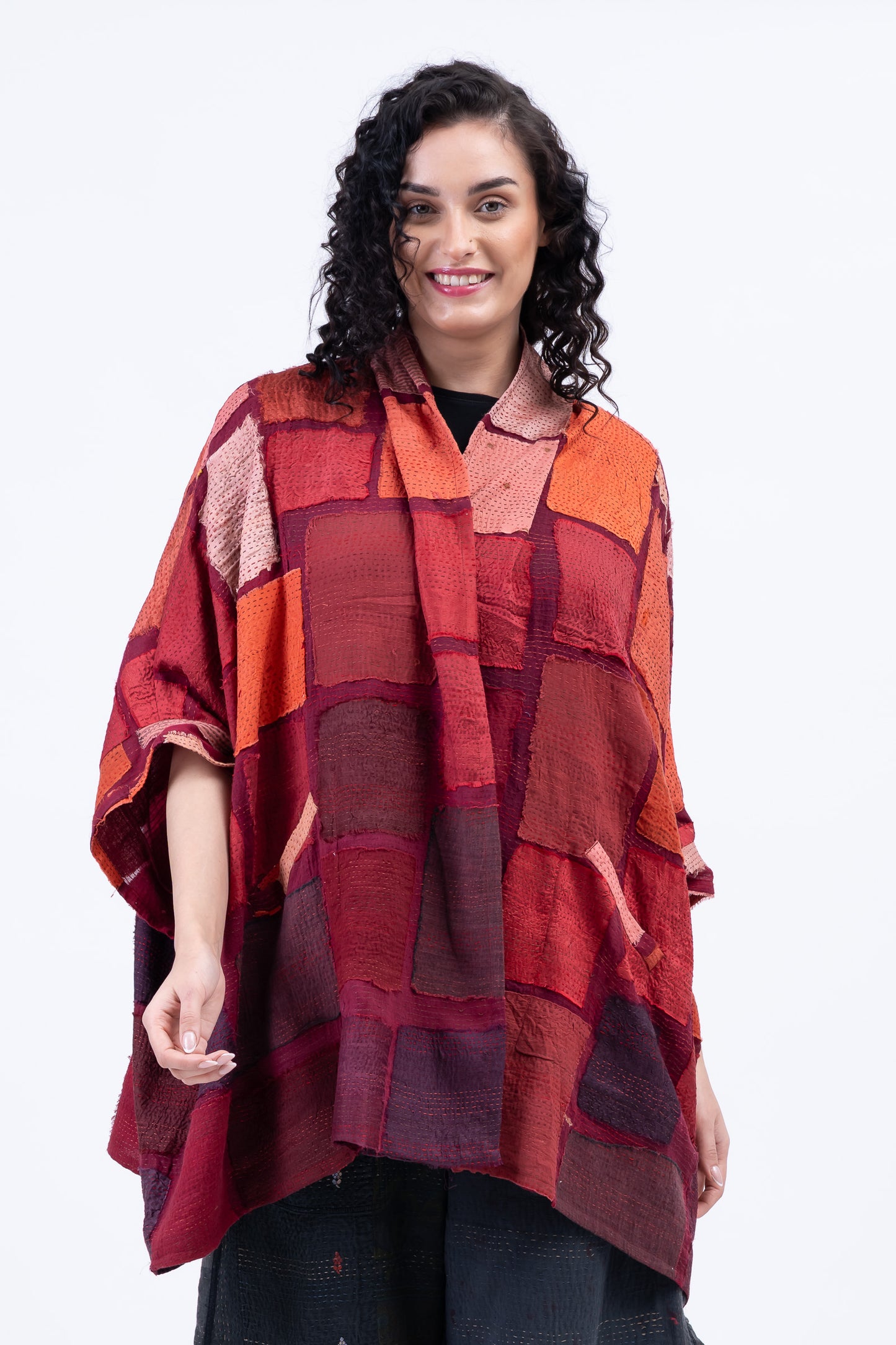 TONAL TILE PATCH KANTHA DOUBLE COLLAR PONCHO - tt2323-red -