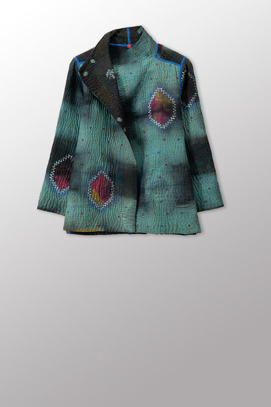 VINTAGE COTTON GREY CLAMP TIE DYE KANTHA SHORT JACKET - su4007-0002s -