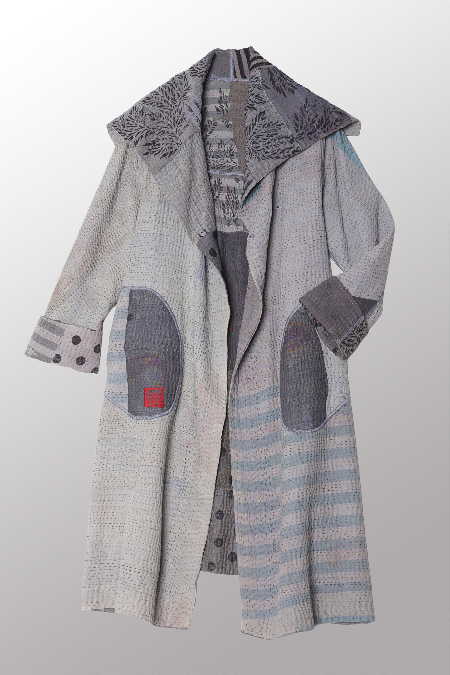 FRAYED PATCH KANTHA A-LINE COAT - fi4309-gry -