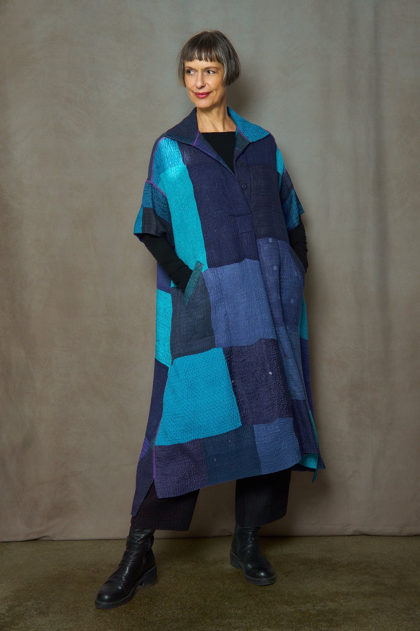 COTTON SILK SW PATCH OMBRE KANTHA WING COLLAR DRESS - wo4454-blu -