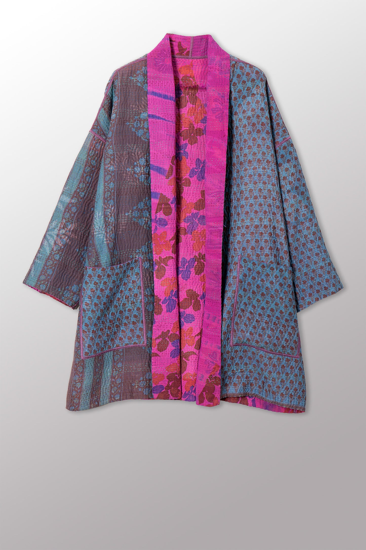VINTAGE SILK GEORGETTE COTTON KANTHA HAORI JACKET - gc4068-0005a -