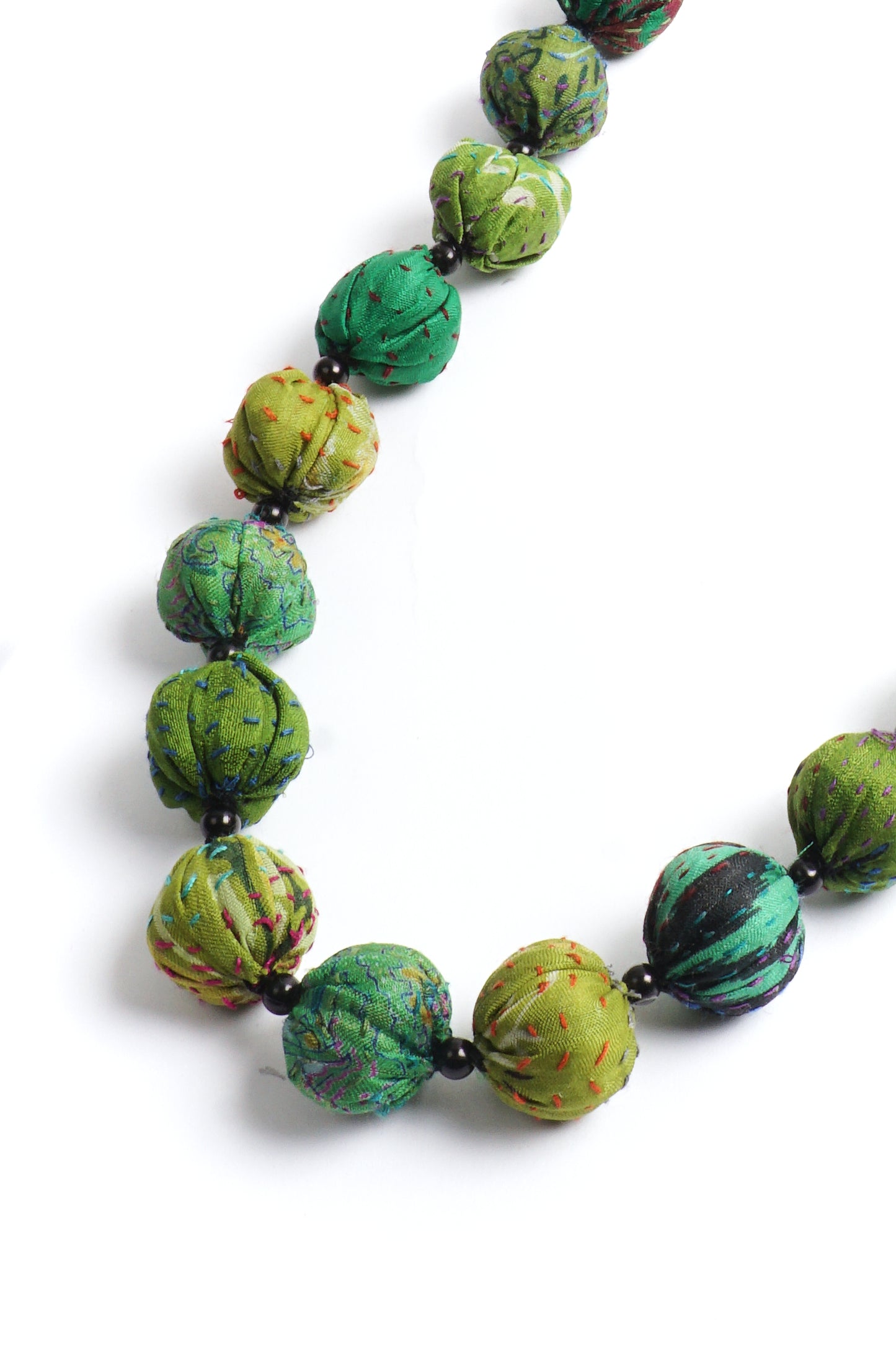 VINTAGE SILK KANTHA SMALL NUTS MEDIUM NECKLACE - sv2705-grn -