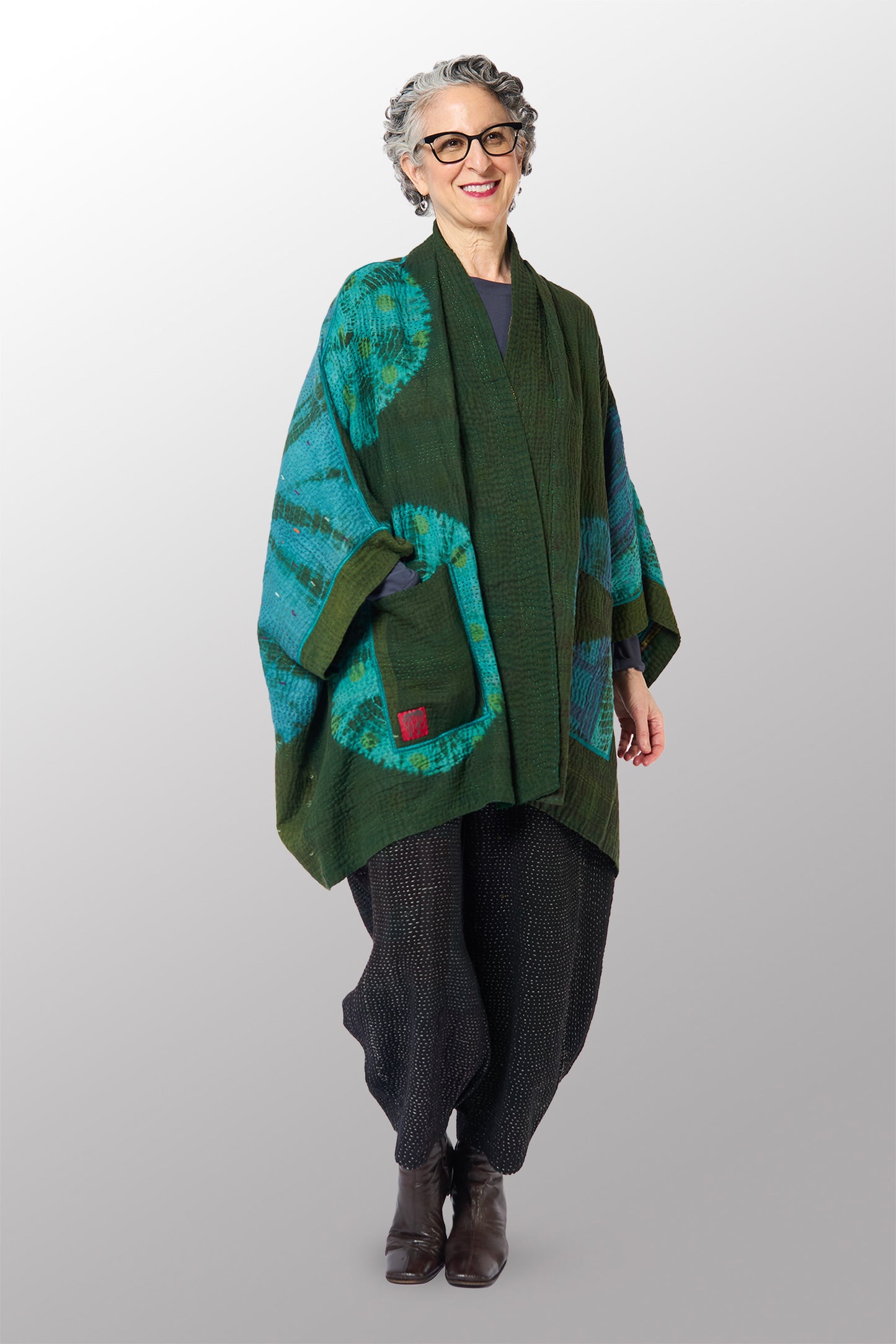 SHIBORI TIE DYE COTTON SILK SW PATCH KANTHA DOUBLE COLLAR PONCHO - st-ws4323-grn -