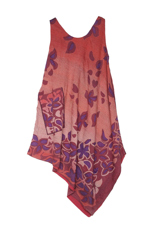 HOLIDAY FLOWER SILK COTTON KANTHA TANK FLARE DRESS - ho2402-red -