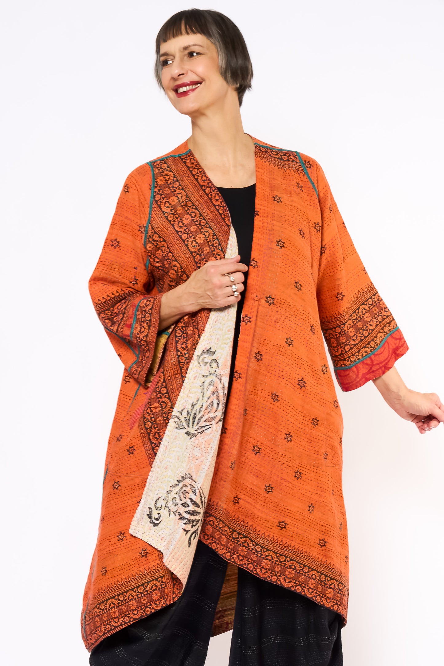 COTTON OVERDYE KANTHA WRAP FLARE COAT - ov2330-corg003a -