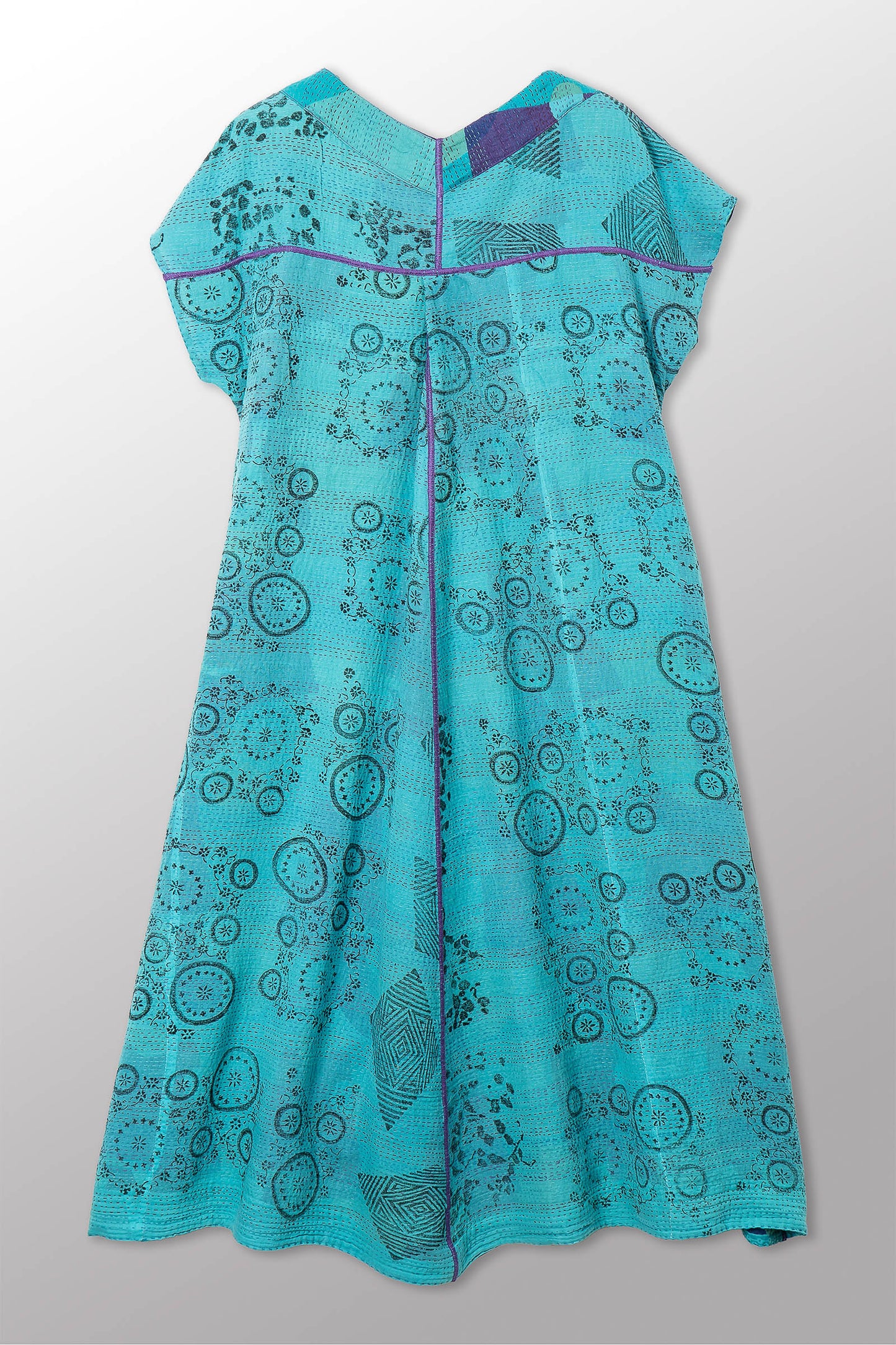 VINTAGE COTTON & NEW VOILE KANTHA V-NECK FRENCH SLV. DRESS - cn2467-0001s -