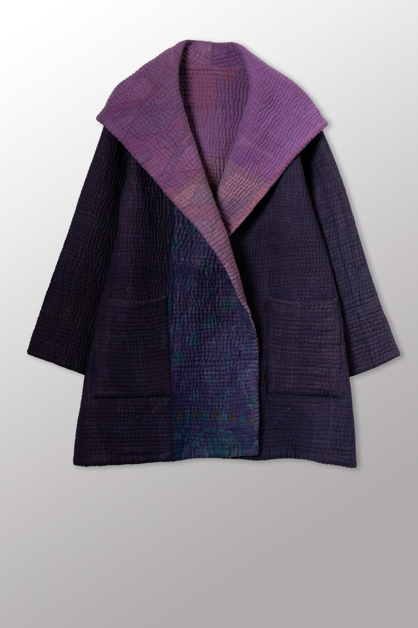 QUILTED OVERDYE COTTON KANTHA HOODED POCKET COAT - oq5303-cblu001a -