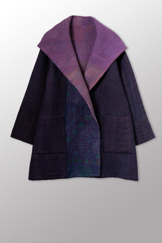 QUILTED OVERDYE COTTON KANTHA HOODED POCKET COAT - oq5303-cblu001a -