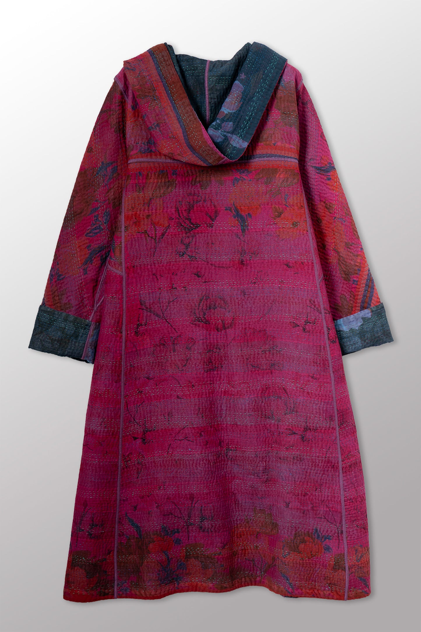 COTTON OVERDYE KANTHA HOODED A-LINE LONG COAT - ov4306-cfus001a -