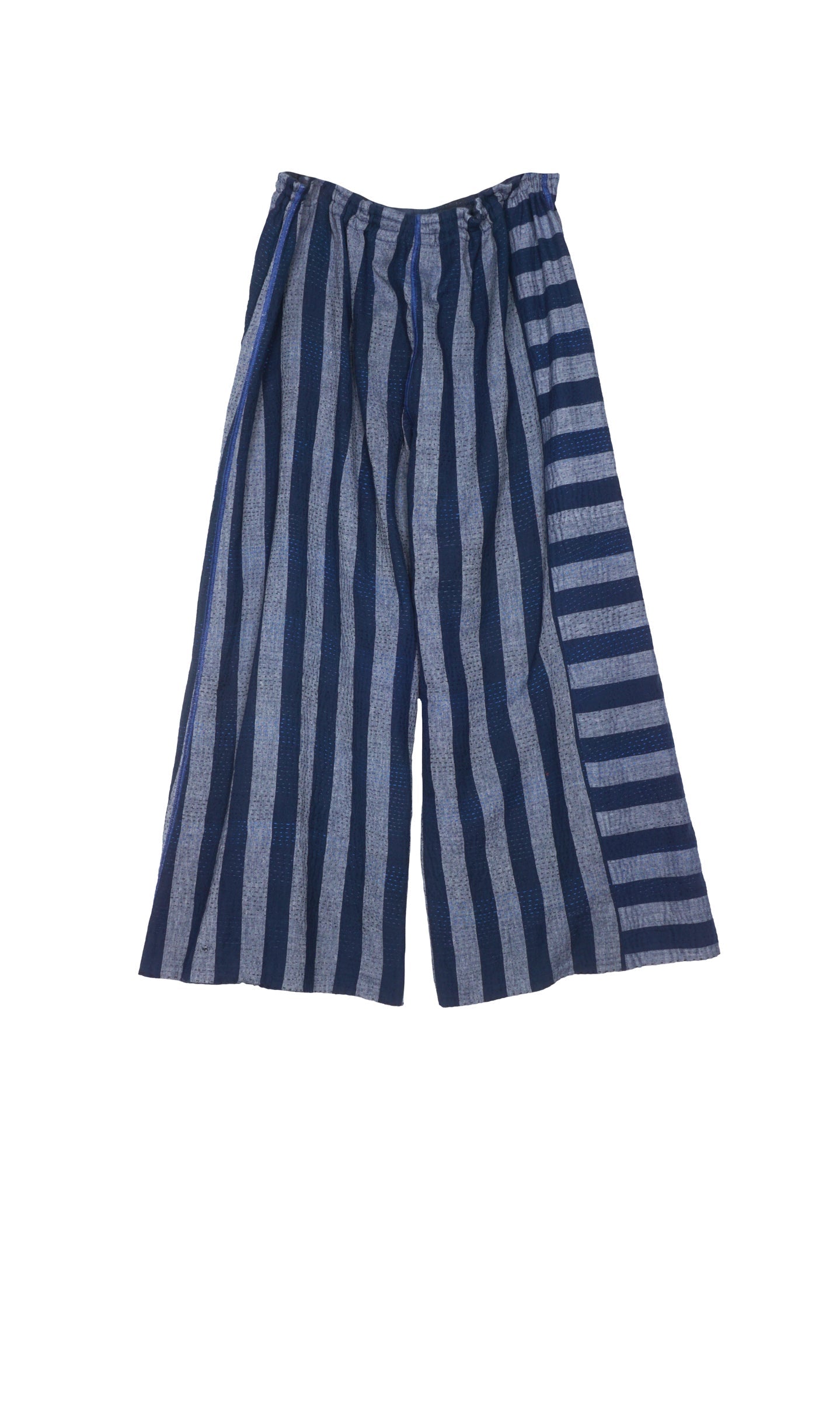 WOVEN STRIPE FRAYED PATCH BACK KANTHA DRAW STRING GAUCHO - wp2627-nvy -