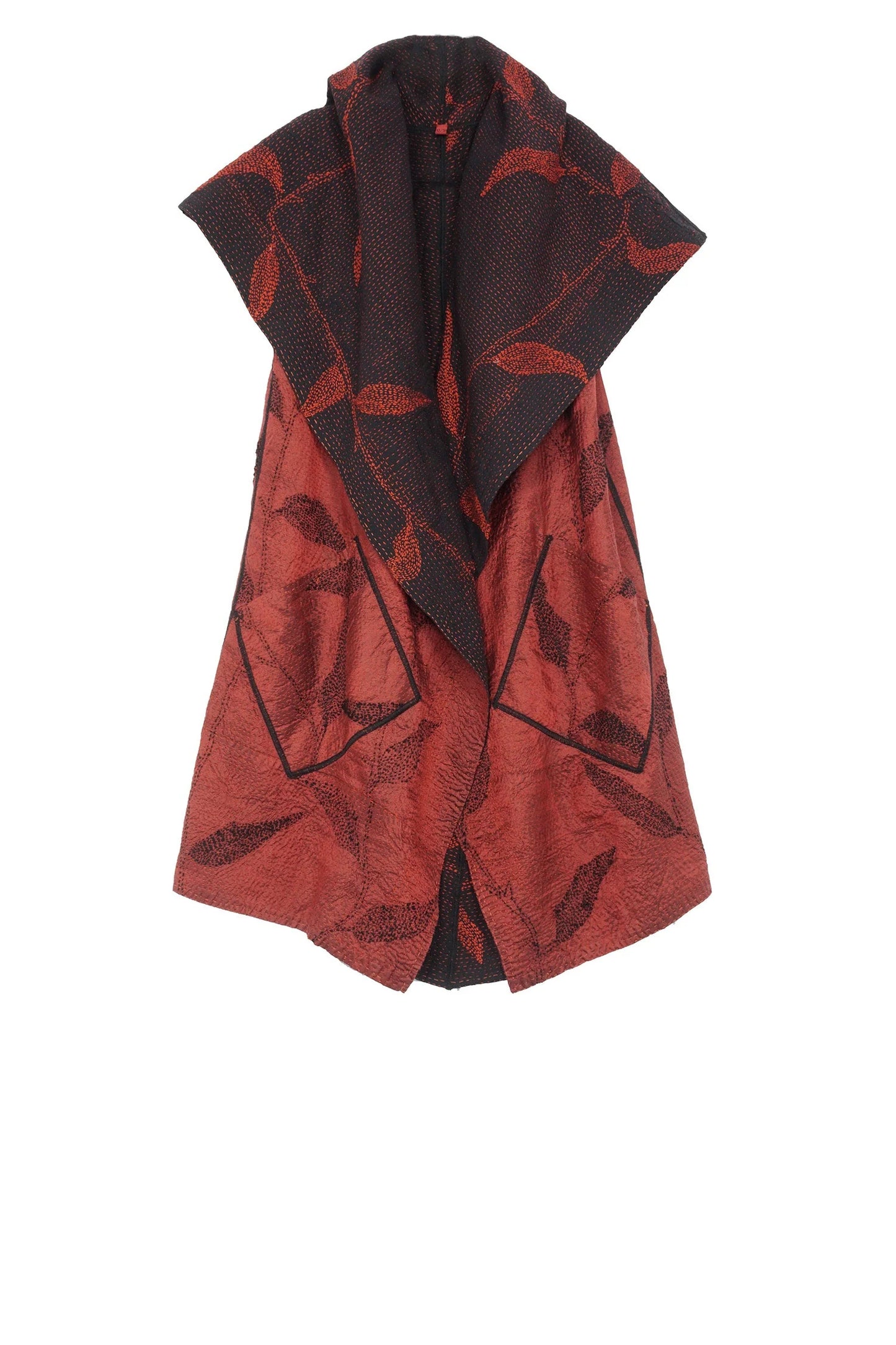 NIGHT BAMBOO SILK COTTON KANTHA CIRCULAR VEST - nb2201-red -