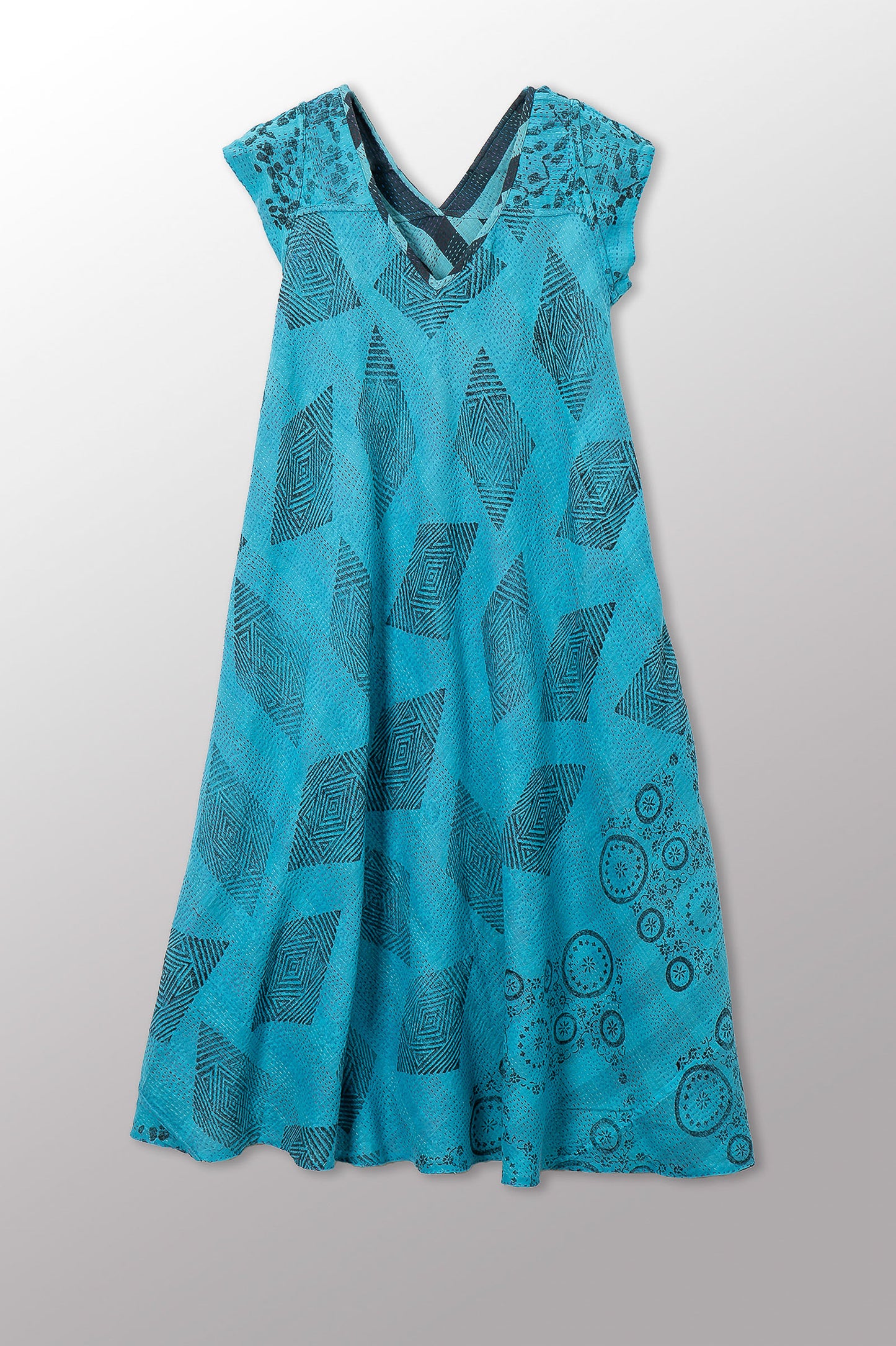 VINTAGE COTTON & NEW VOILE KANTHA CAP SLV. FLARE DRESS - cn2425-0009s -