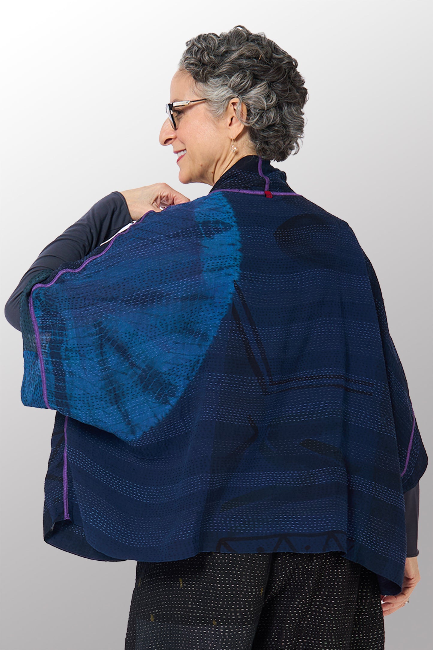 SHIBORI TIE DYE GEORGETTE VINTAGE SILK PATCH KANTHA MINI PONCHO - st-gs2060-nvy -