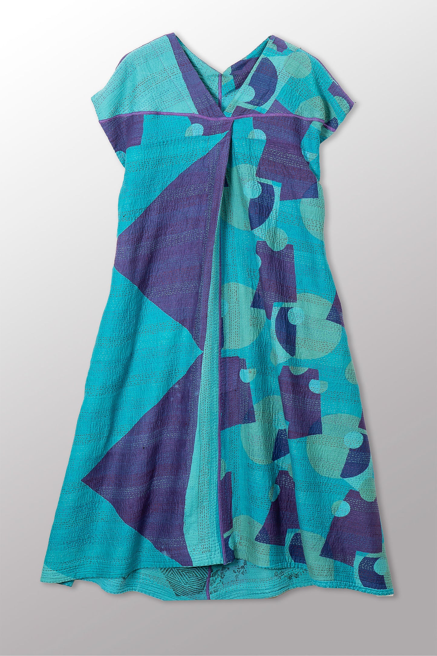 VINTAGE COTTON & NEW VOILE KANTHA V-NECK FRENCH SLV. DRESS - cn2467-0001s -
