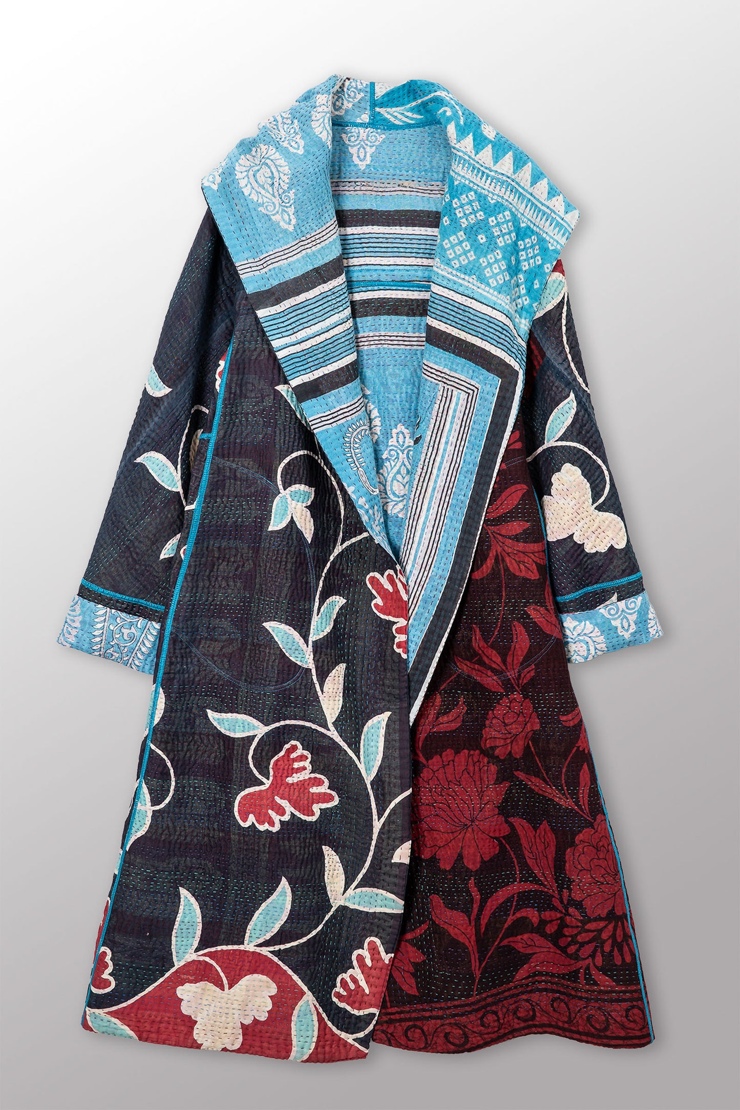 VINTAGE COTTON KANTHA HOODED A-LINE LONG COAT - cv4306-0005a -