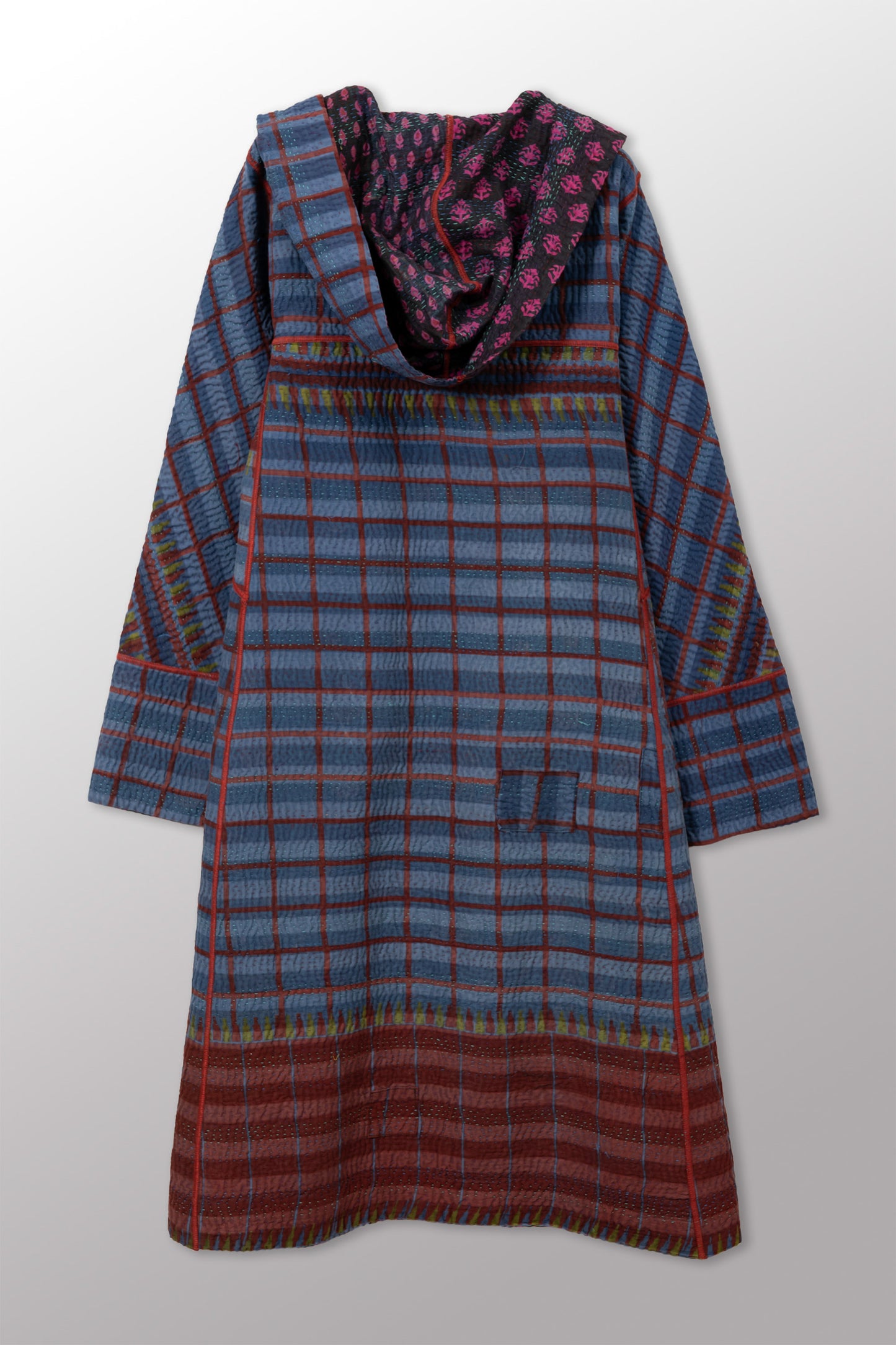 COTTON OVERDYE KANTHA HOODED A-LINE LONG COAT - ov4306-cblu001a -
