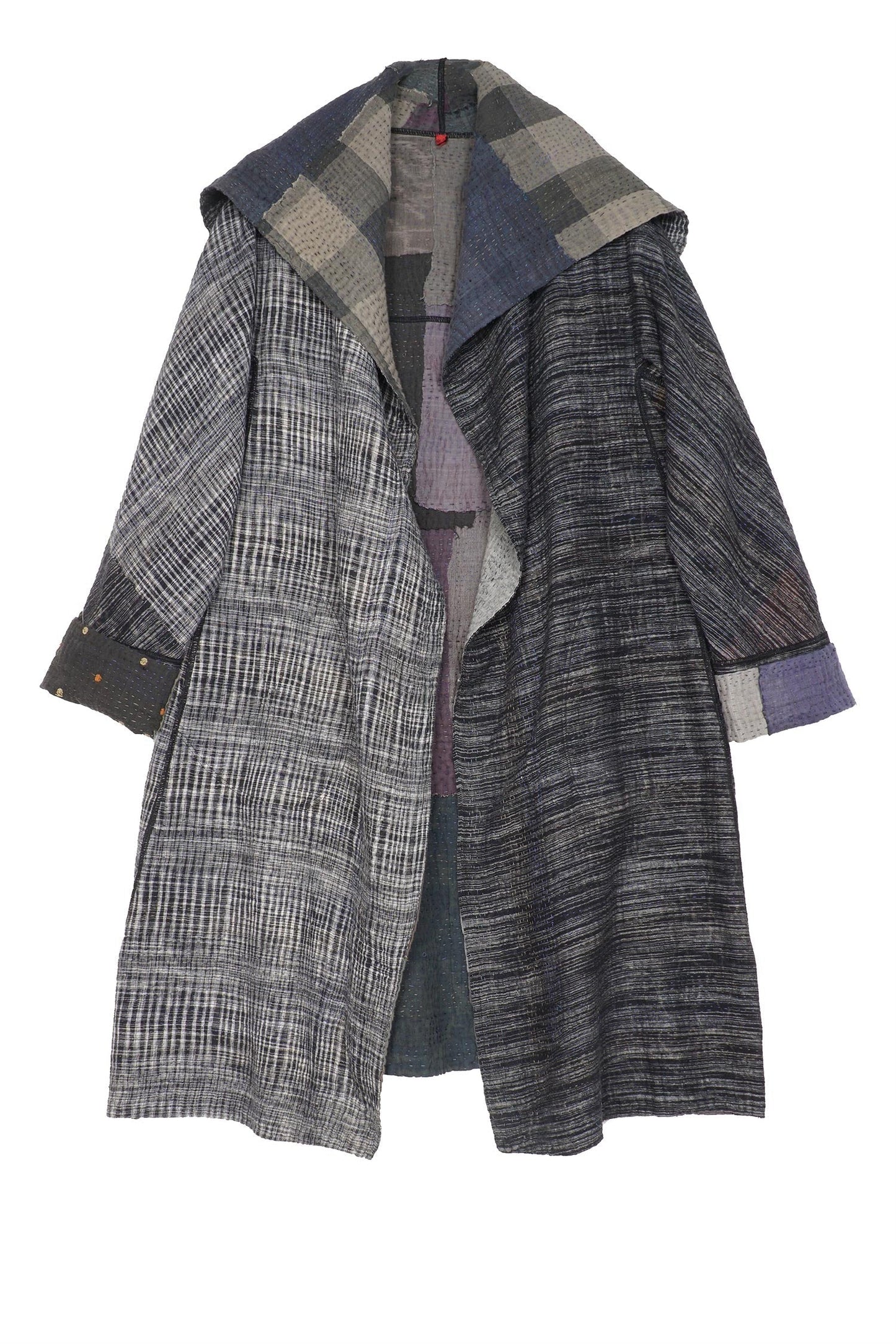 WOVEN IKAT & FRAYED PATCH KANTHA A-LINE COAT - wk4309-gry -