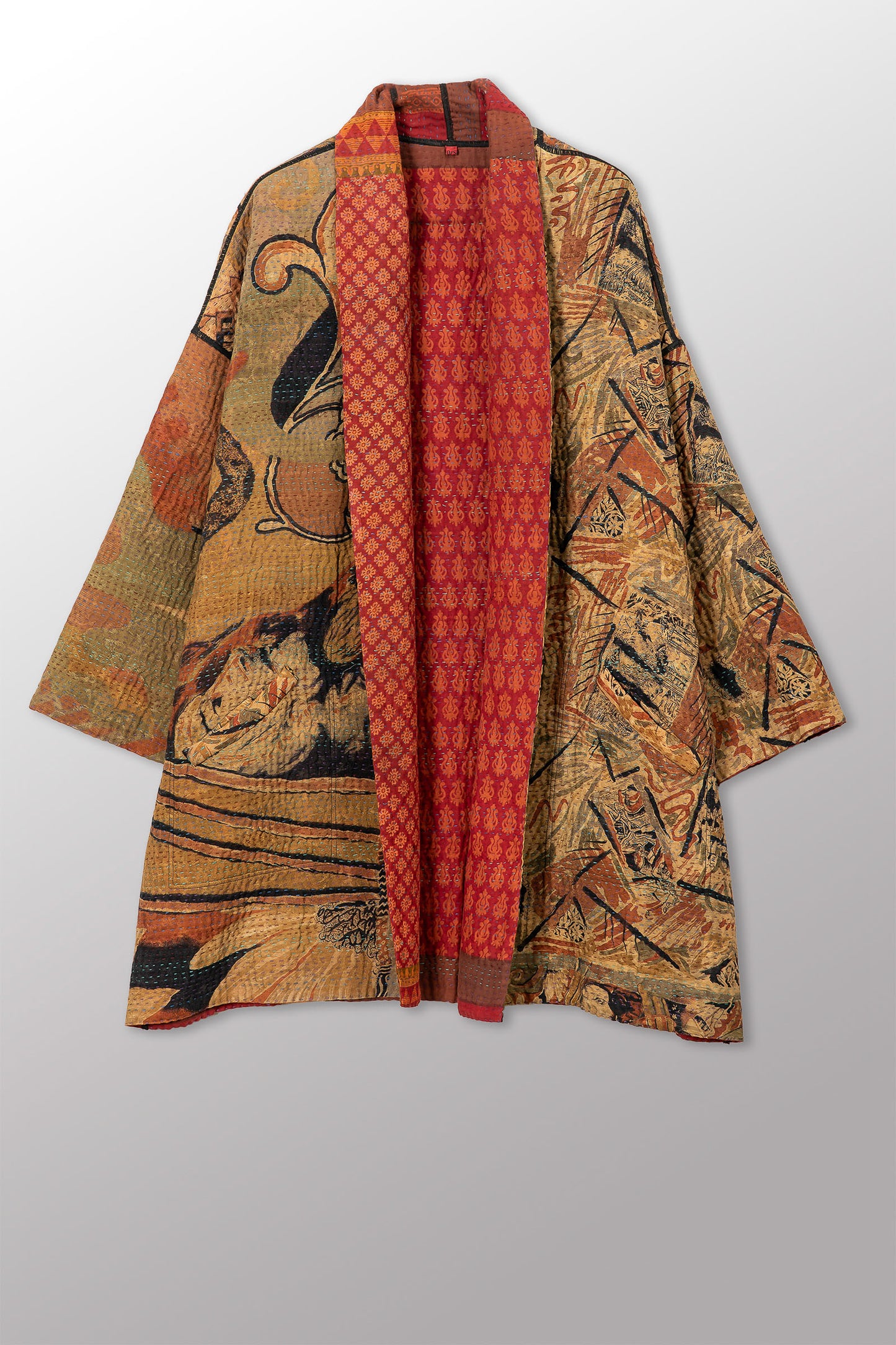 VINTAGE SILK GEORGETTE COTTON KANTHA HAORI JACKET - gc4068-0006a -
