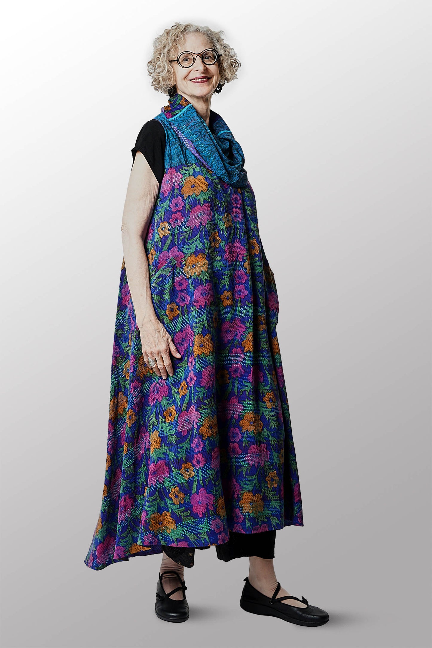 VINTAGE SILK GEORGETTE KANTHA COWL NECK MAXI DRESS - sg2438-0003m -