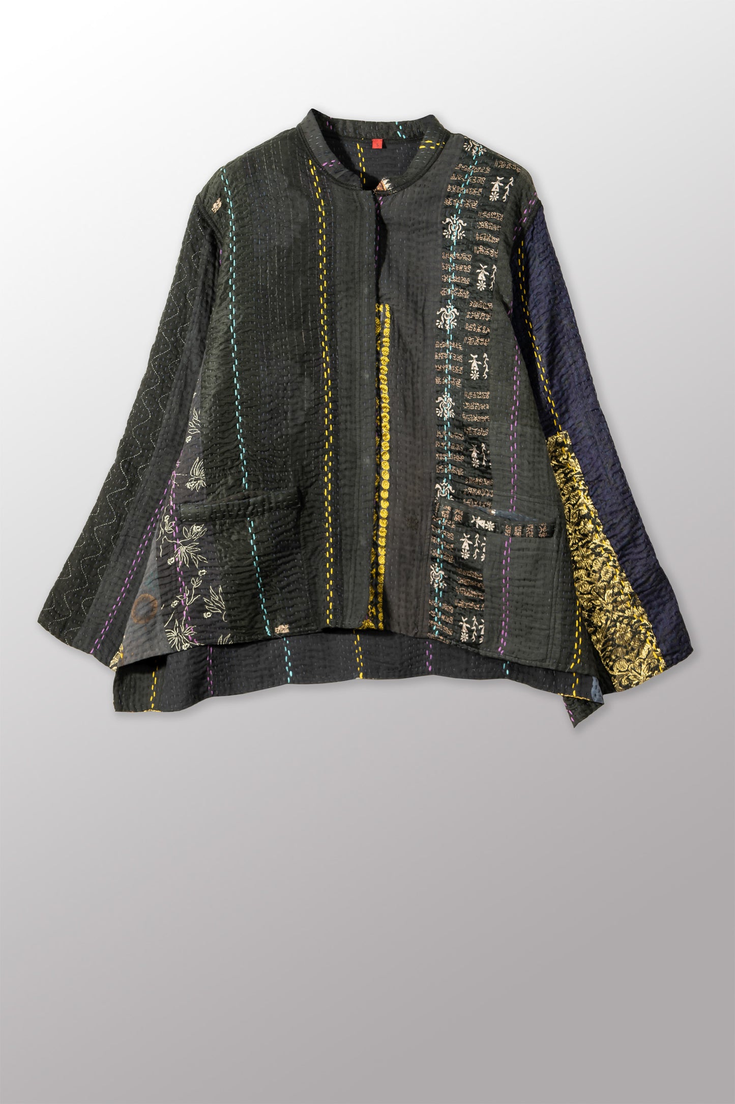 JEWEL WOVEN WITH VERTICAL PATCH KANTHA KAFTAN JACKET SHORT - jv4088-blk -